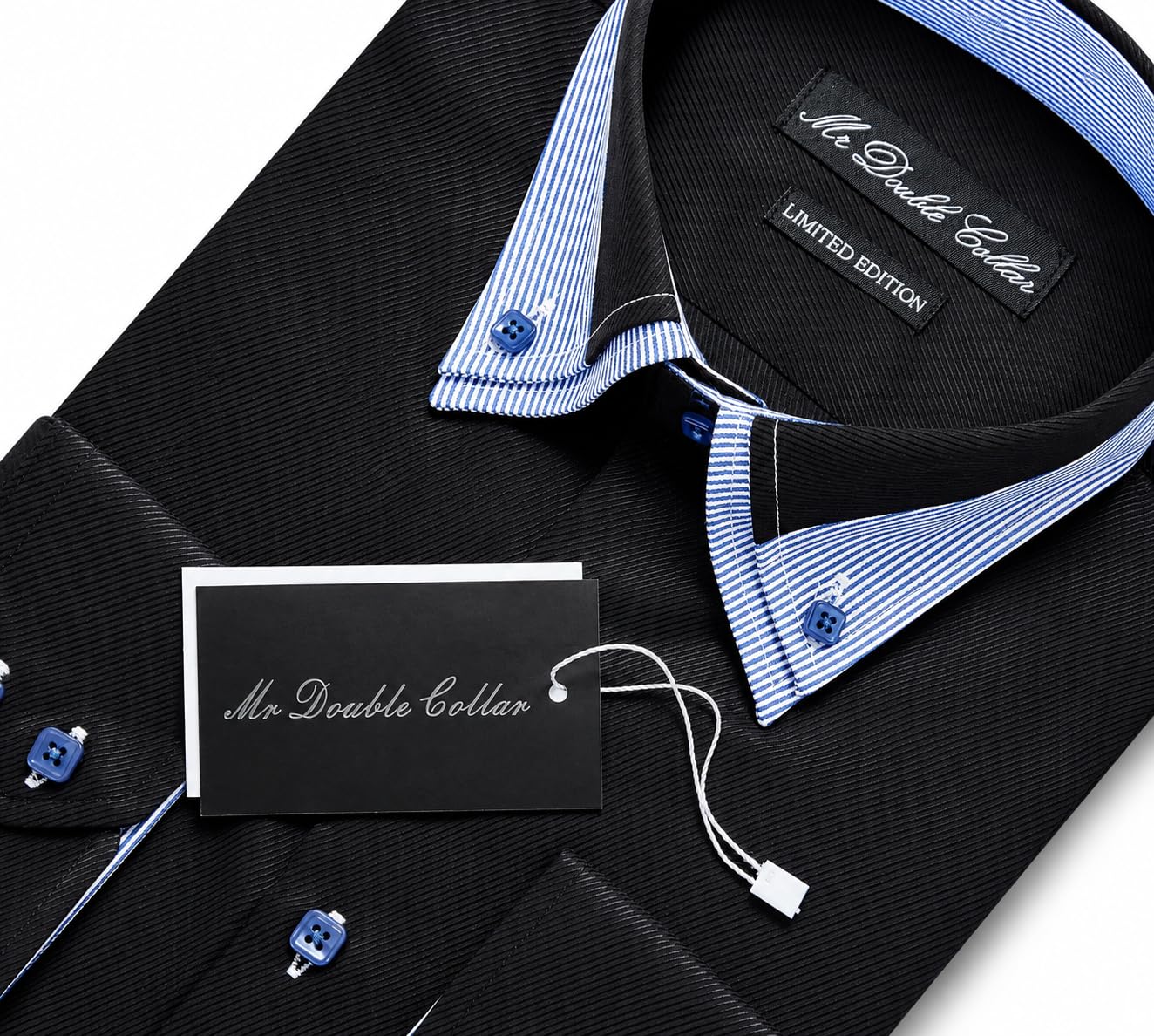 Camicia a maniche lunghe da uomo, design italiano, colore nero con bottoni blu, doppio colletto, elegante, casual, formale, a maniche lunghe