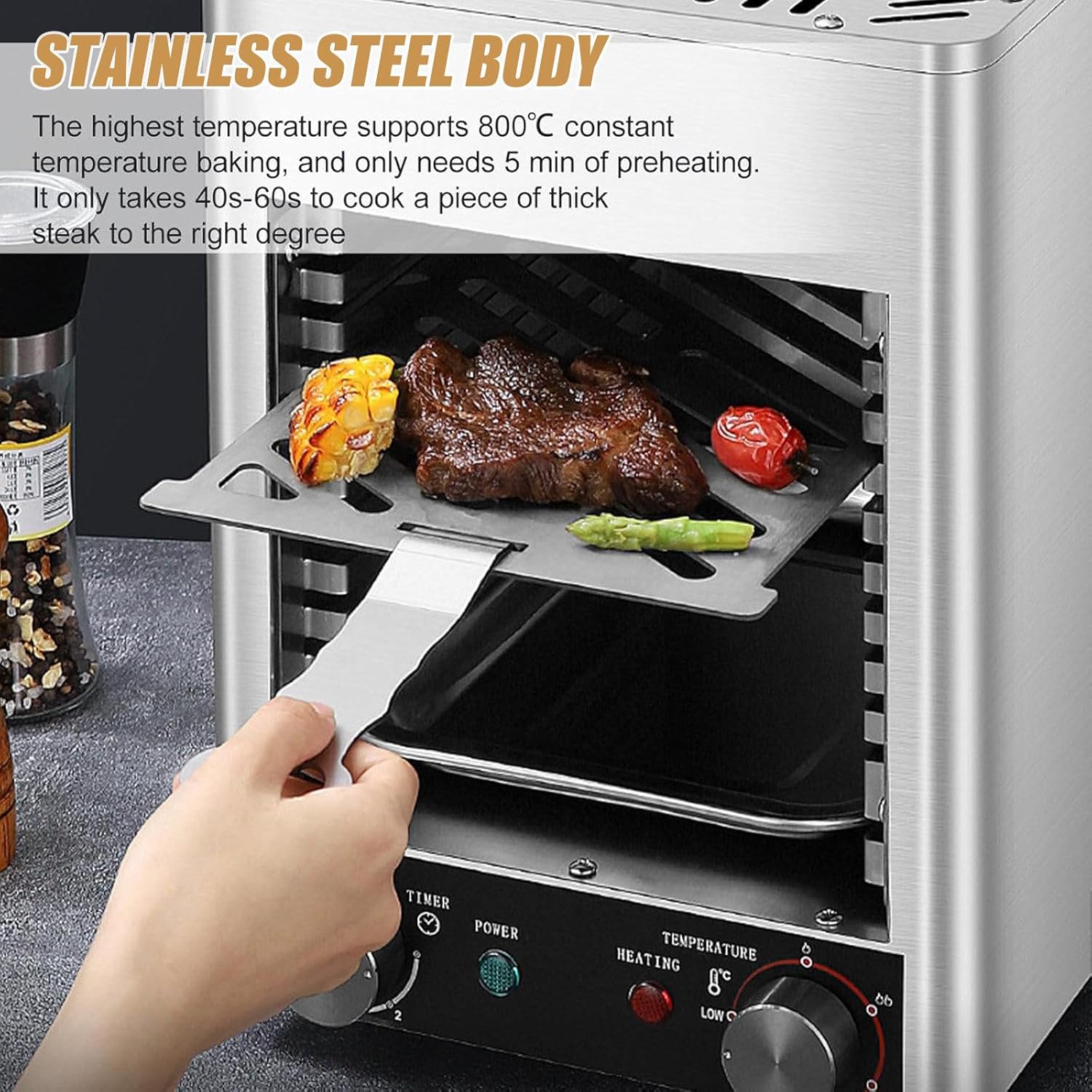 Smokeless in-frared Electric Broiler for Indoor Use, Fits on Kitchen Counter, Comes with Broiler Tray and Grill, 800℃ Commercial Steak Stove for Cooking Steak, Pork, Chicken, Vegetables