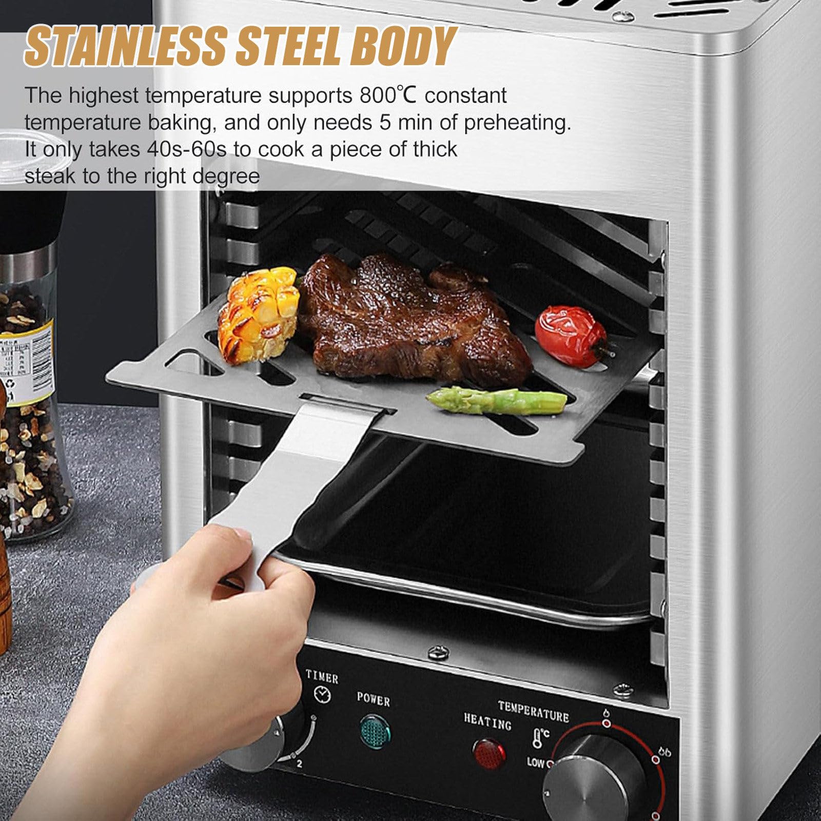 Parrilla eléctrica para carne, horno portátil de encimera, parrilla eléctrica sin humo, horno eléctrico comercial con temporizador de 10 minutos y ajuste de temperatura de 1,472.0 °F, horno 7