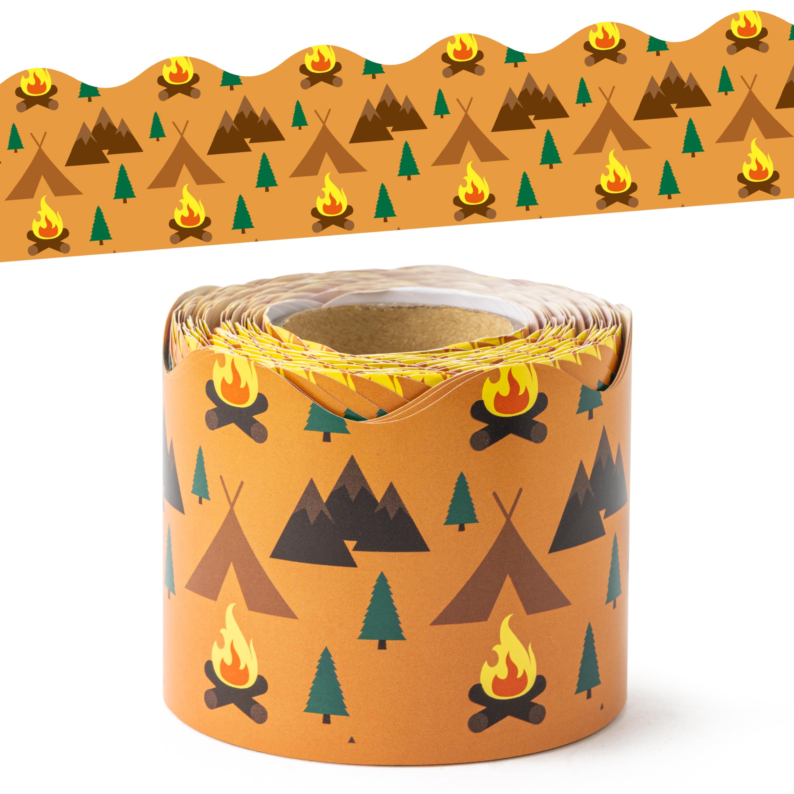 BeYumi Camping Tent Border Trim - 65ft Back to School Camping Hiking Scalloped Rolled Border Trim Outdoor Themed Bulletin Board Set Classroom Office Chalkboard Kindergarten Preschool Party Decoration