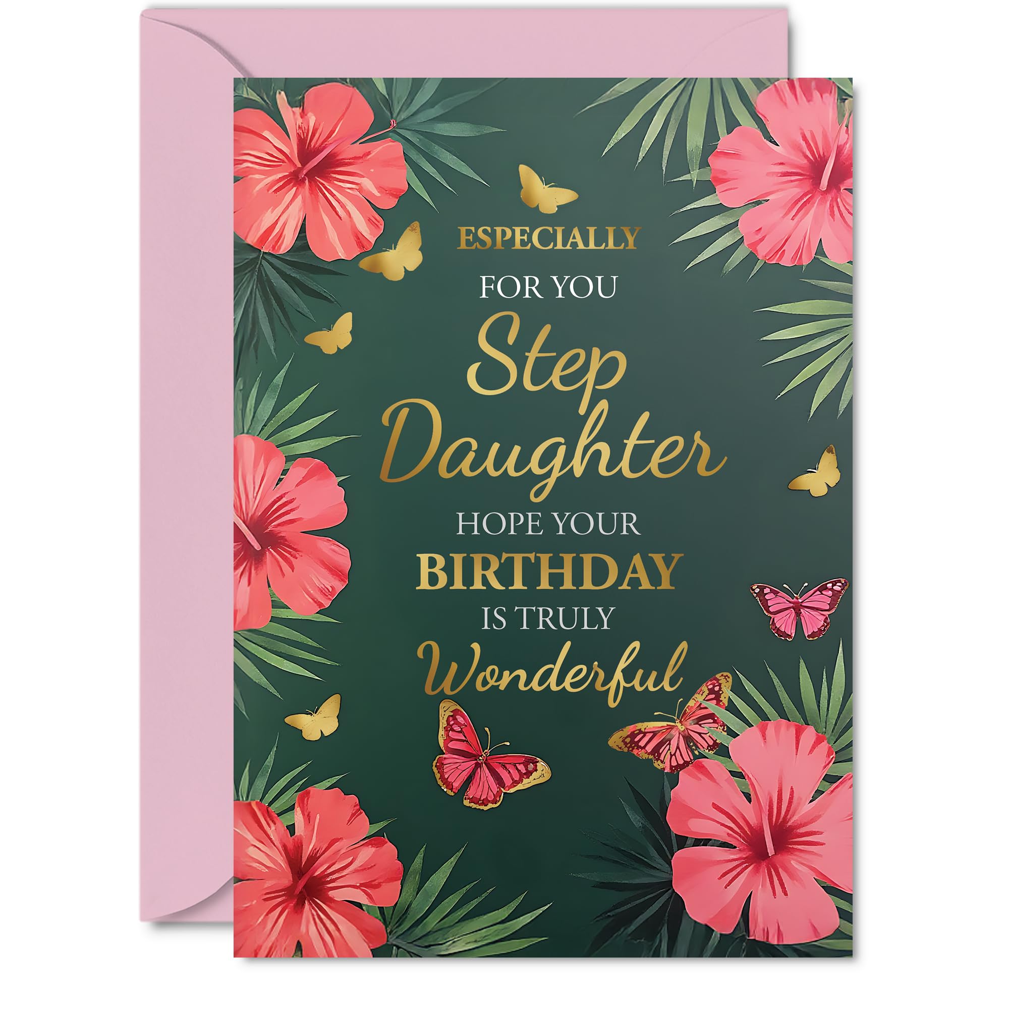 Gold Step Daughter Birthday Card, Butterflies & Flowers