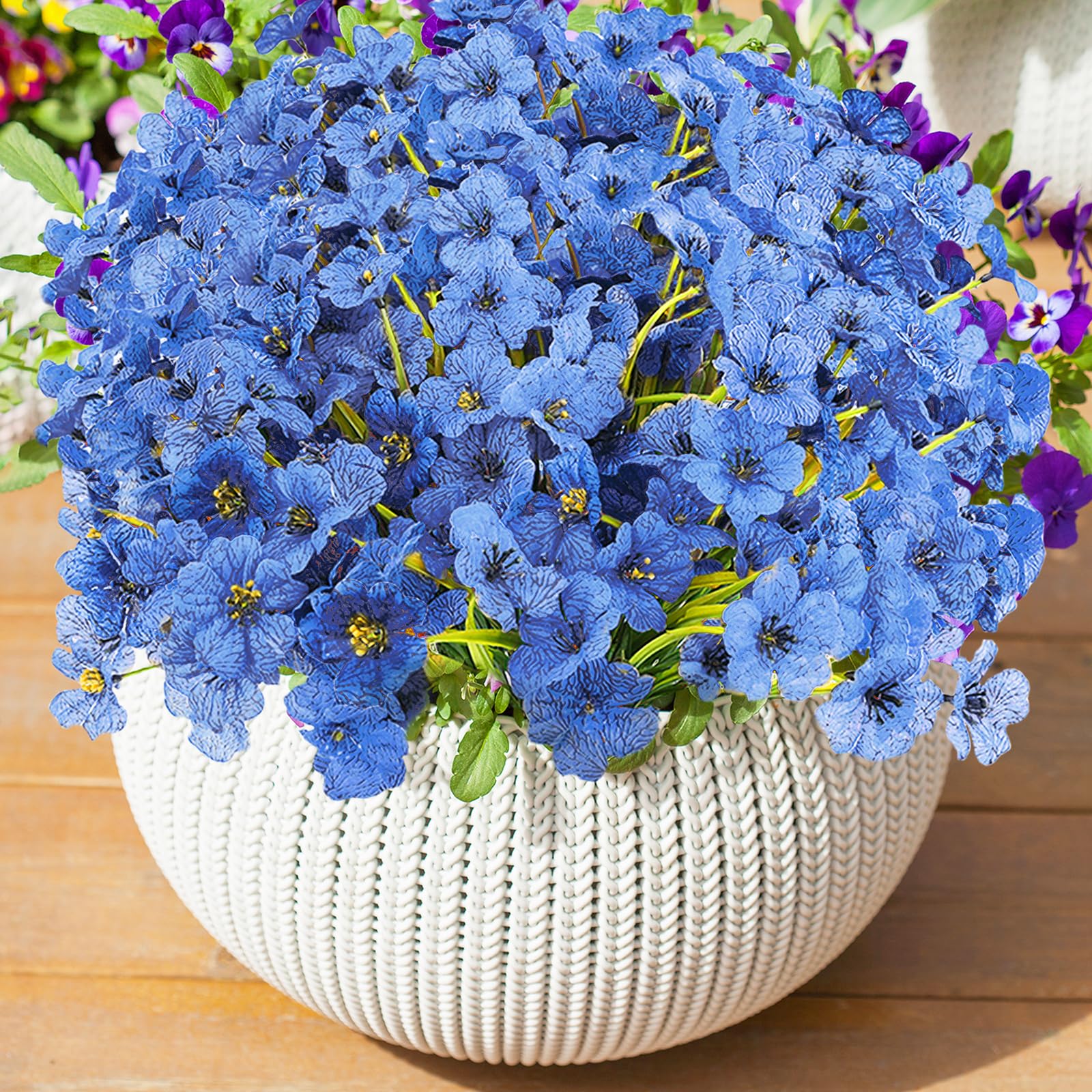 XIANNVXI 16 Bundles Blue Artificial Flowers for Outdoor UV Resistant Silk Decorative Small Fake Faux Artificial Blue Flowers Plants for Outdoor Garden Porch Patio Window Box Balcony Hanging Basket