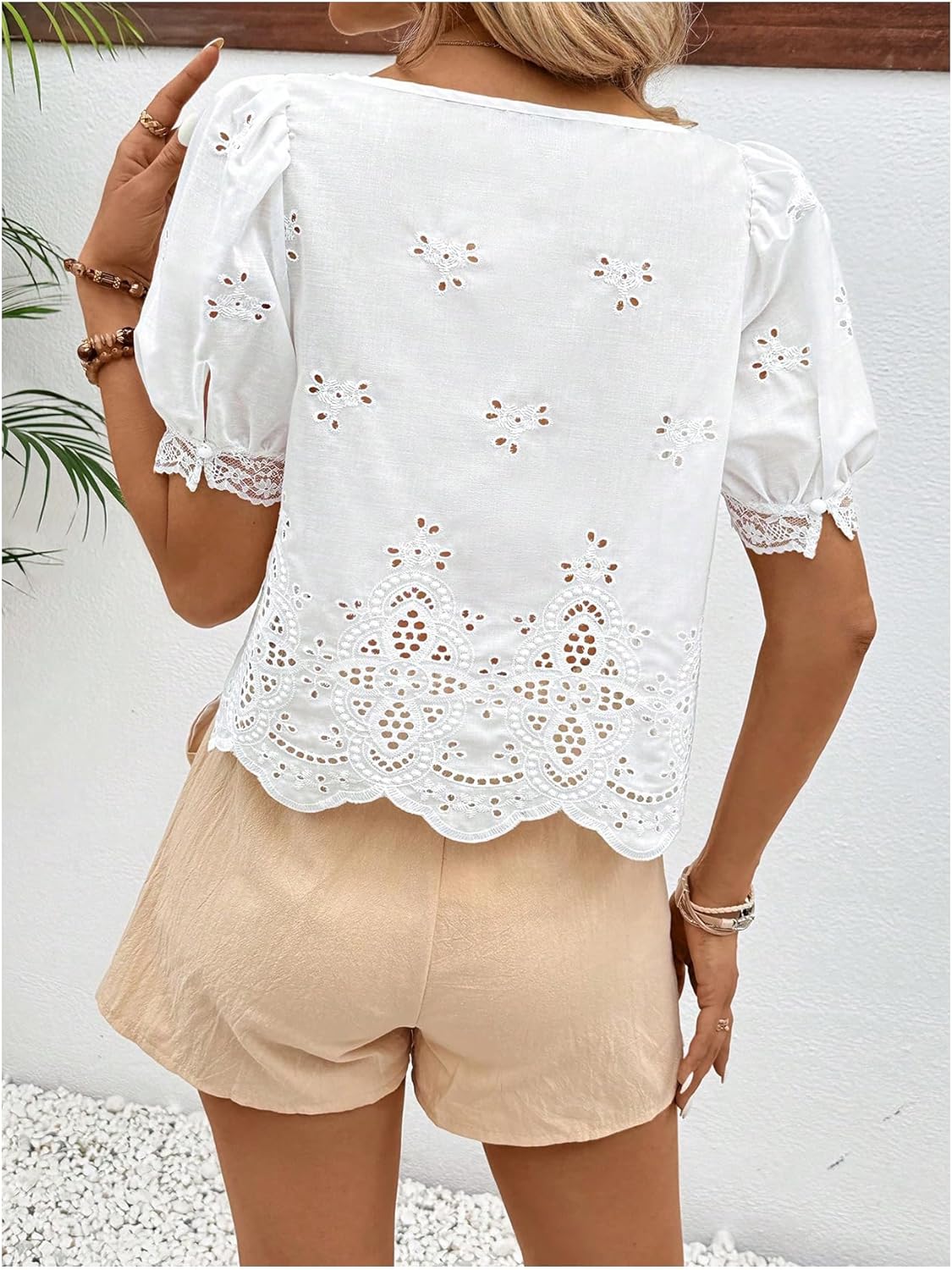 SweatyRocks Women's Square Neck Puff Sleeve Eyelet Lace Hollow Out Embroidered Top Blouse - Image 2