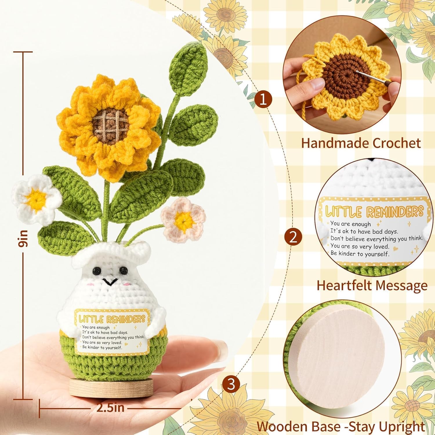 Thank You Gifts for Women, Handmade Emotional Support Crochet Plush Handmade Positive Crochet Sunflower, Thank You Teacher Appreciation Gift for Women Coworker Boss Mom Friend Valentines Birthday Gift - Image 5