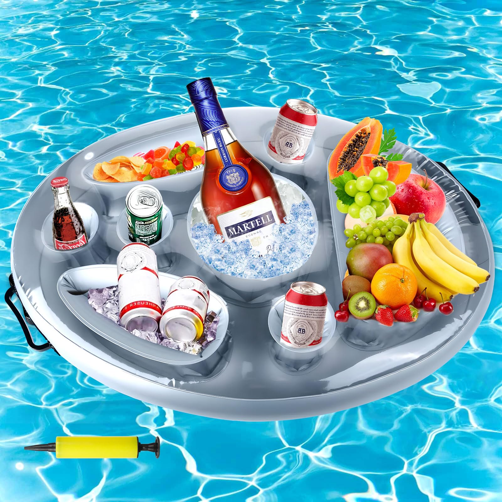 Amzeeniu Portabibite Gonfiabile Portabevande 2-in-1 e Porta Snack Bar Piscina Portabottiglie Galleggiante PVC Portabottiglie Gonfiabile Galleggiante Festa in Piscina Estiva