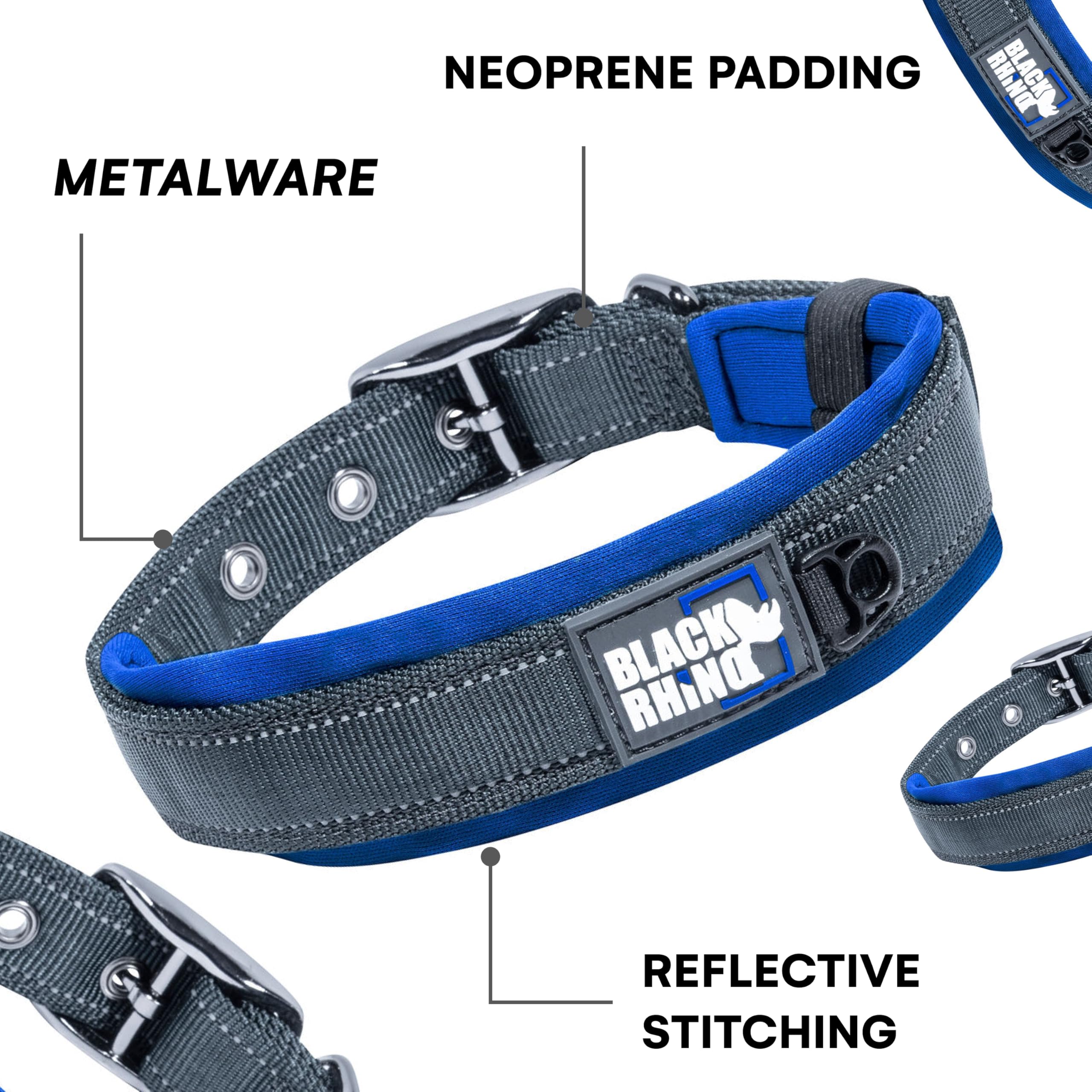 Black Rhino - Collare per cani imbottito in neoprene ultra morbido, per tutte le razze, confortevole, resistente, regolabile, riflettente, impermeabile (L, Blu Sport/Nero)