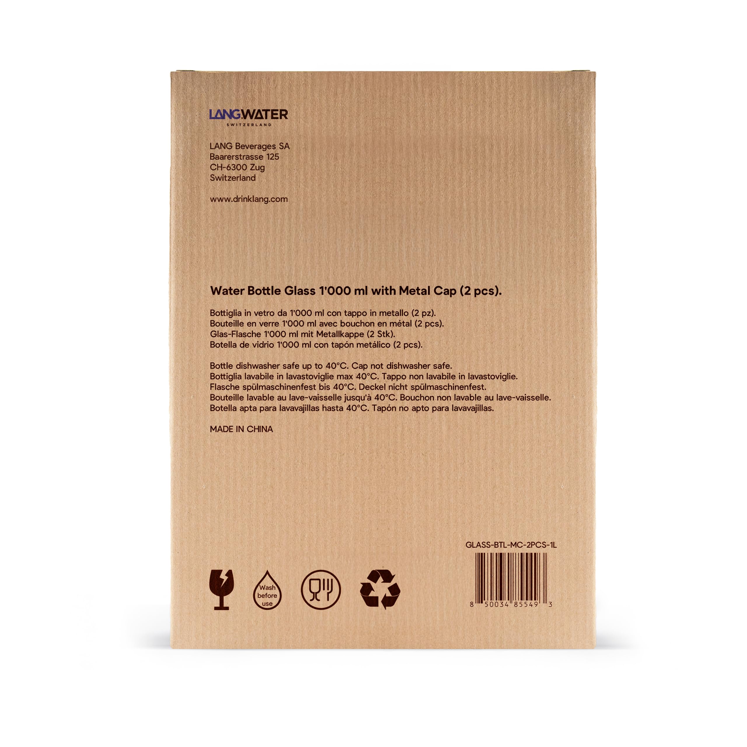 LANG WATER Lot de 2 bouteilles d'eau en verre avec bouchon en métal – 1 l (lot de 2) – Carafe polyvalente en verre pour boissons chaudes/froides