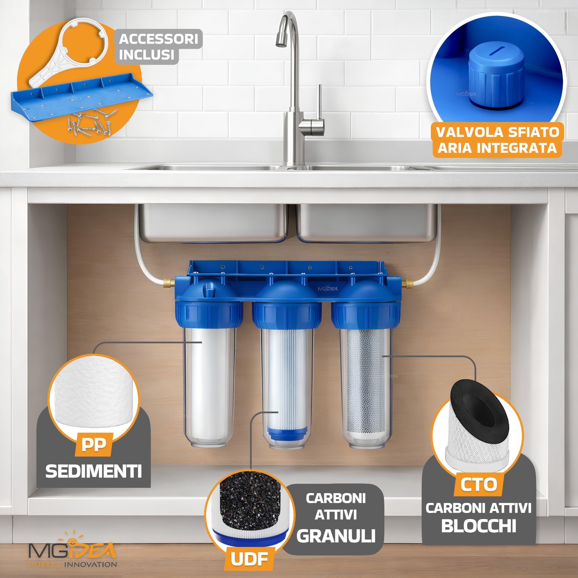 Depuratore Sistema Filtro Filtrazione Acqua 3 Stadi Cartucce 10" Pollici Filtri Sedimenti e Carboni Attivi, 254mm per impanti idrici domestici (1/2" (20,67mm))