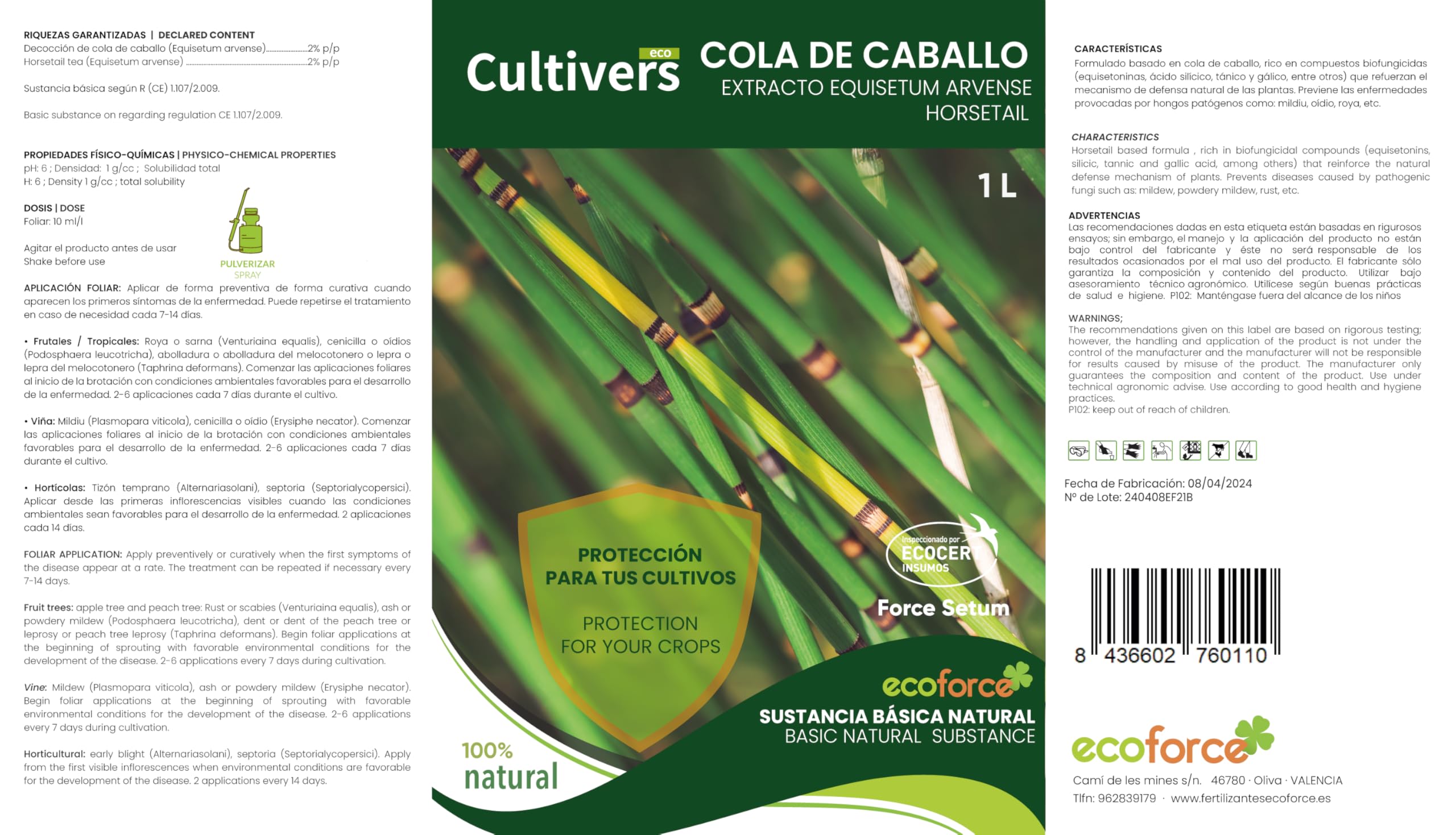 CULTIVERS Cola de caballo 5 L. Súper concentrado. Fungicida Bioestimulante Natural Preventivo y Curativo. Acción Fungicida. Sustancia Básica Refuerza el Mecanismo Defensa de las Plantas
