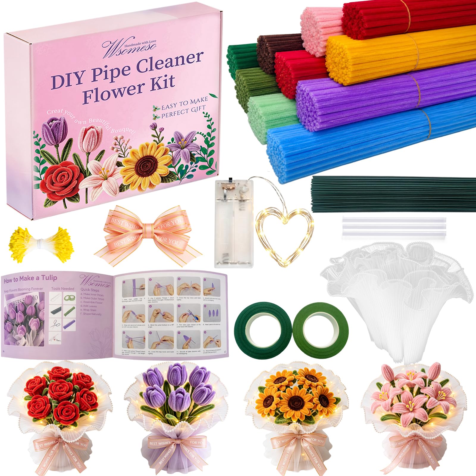 Wsomeso 600 Stück Regenbogen-Pfeifenreiniger-Blumen-Set mit LED-Lichterkette, Chenille-Stiele für Pfeifenreiniger, Bastelanleitung, Videos, Pastell-Pfeifenreiniger, Großpackung zum Basteln für