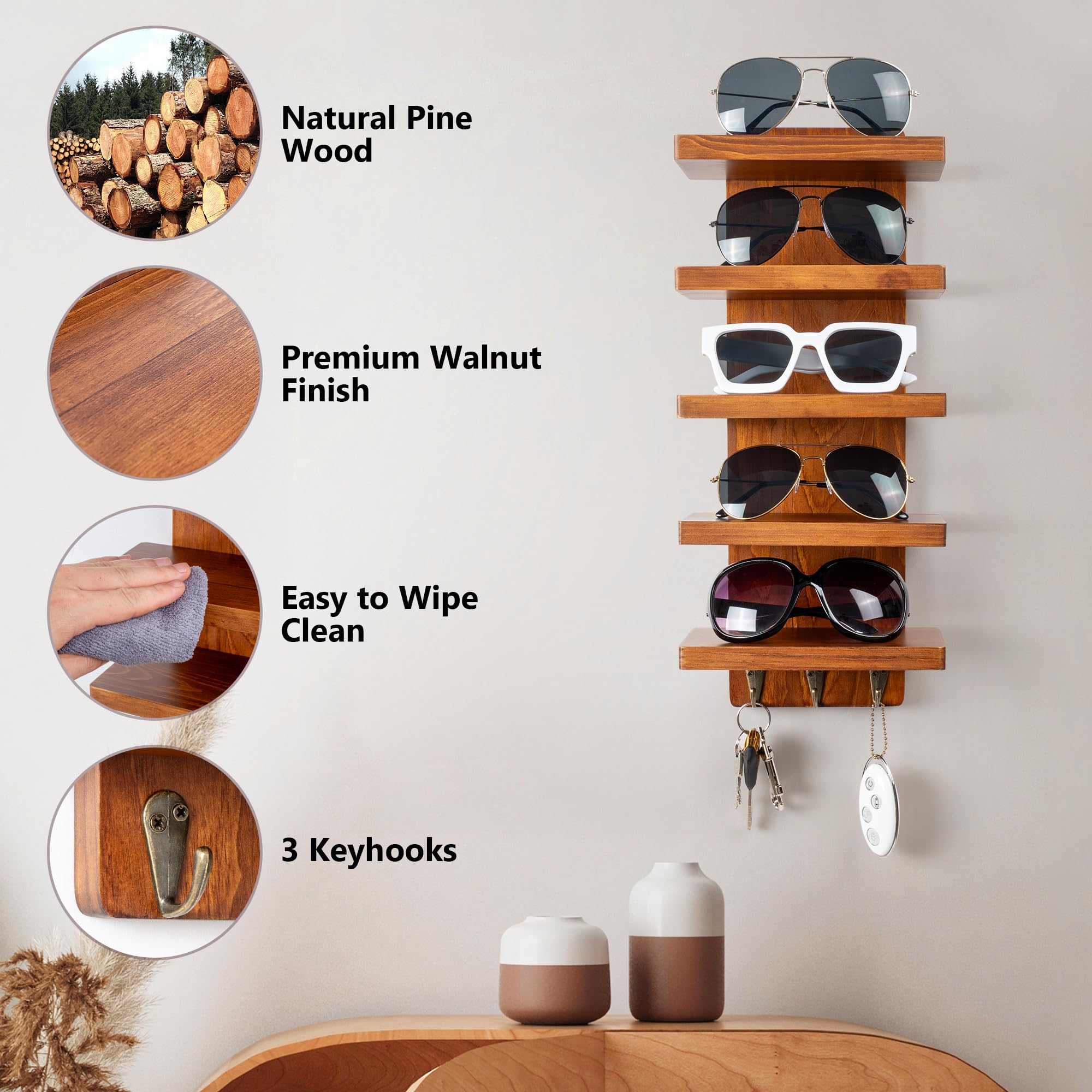 Sonnenbrillen-Organizer zur Wandmontage, 5-stöckiges Holzregal für Brillen und Sonnenbrillen, Brillenaufbewahrung, Display Regal mit Schlüsselhaken für Eingangsbereich, Wohnzimmer oder
