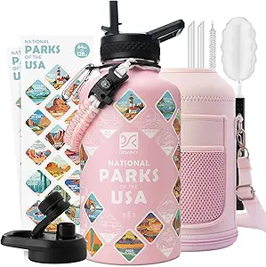Insulated Water Bottle | Thickened Stainless Steel Vacuum Metal | Portable Sports Half Gallon Large Water Jug for Gym and Hiking with Straw, Carrier Bag, Handle Strap | BPA-Free 64 oz