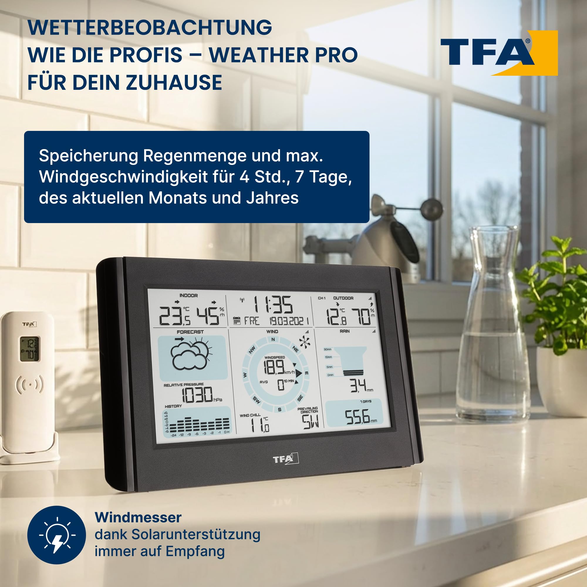 TFA Dostmann Funk-Wetterstation WEATHER PRO 35.1161.01, Windmesser mit Windrichtung und -stärke, Regenmesser mit Verlaufsgrafik, Wettervorhersage mit Symbolen, Luftdruckanzeige, Funkuhr, schwarz