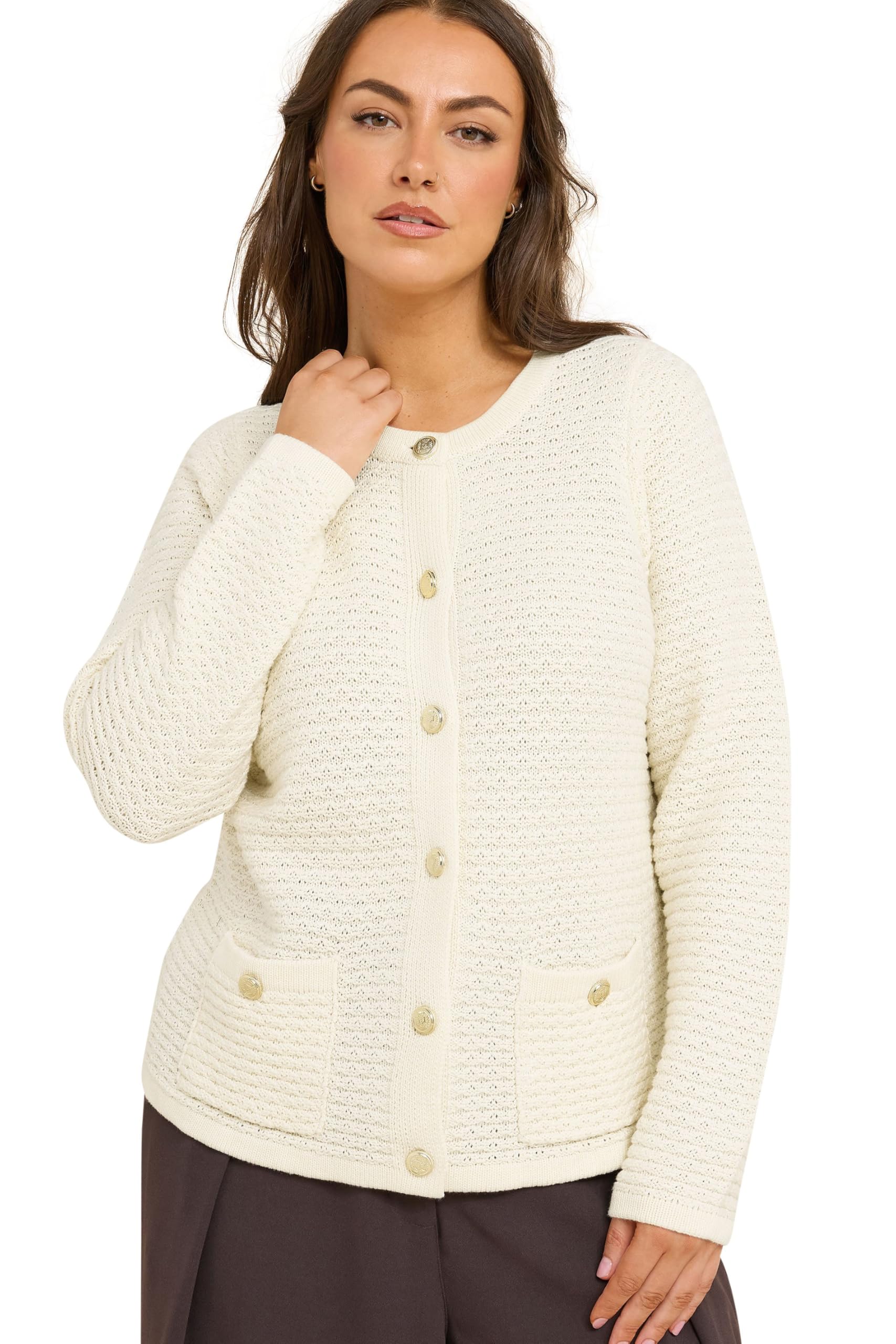 Evans Button Through Knitted Cardigan - Cream - Women's Size 30-32 - Acrylic/Cotton/Gold Blend