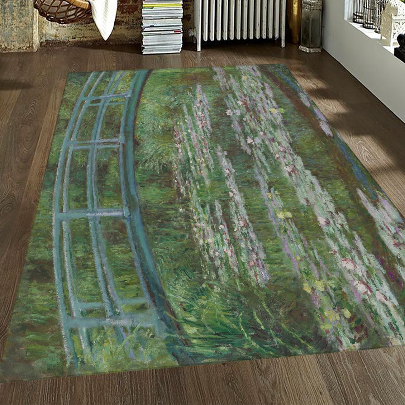Dywan z lilią wodną do salonu, 200 x 150 cm, można prać w pralce, duży, antypoślizgowy, miękki, z niskim runem, japoński most, odporny na plamy, do wewnątrz, biura, do sypialni, jadalni, pokoju