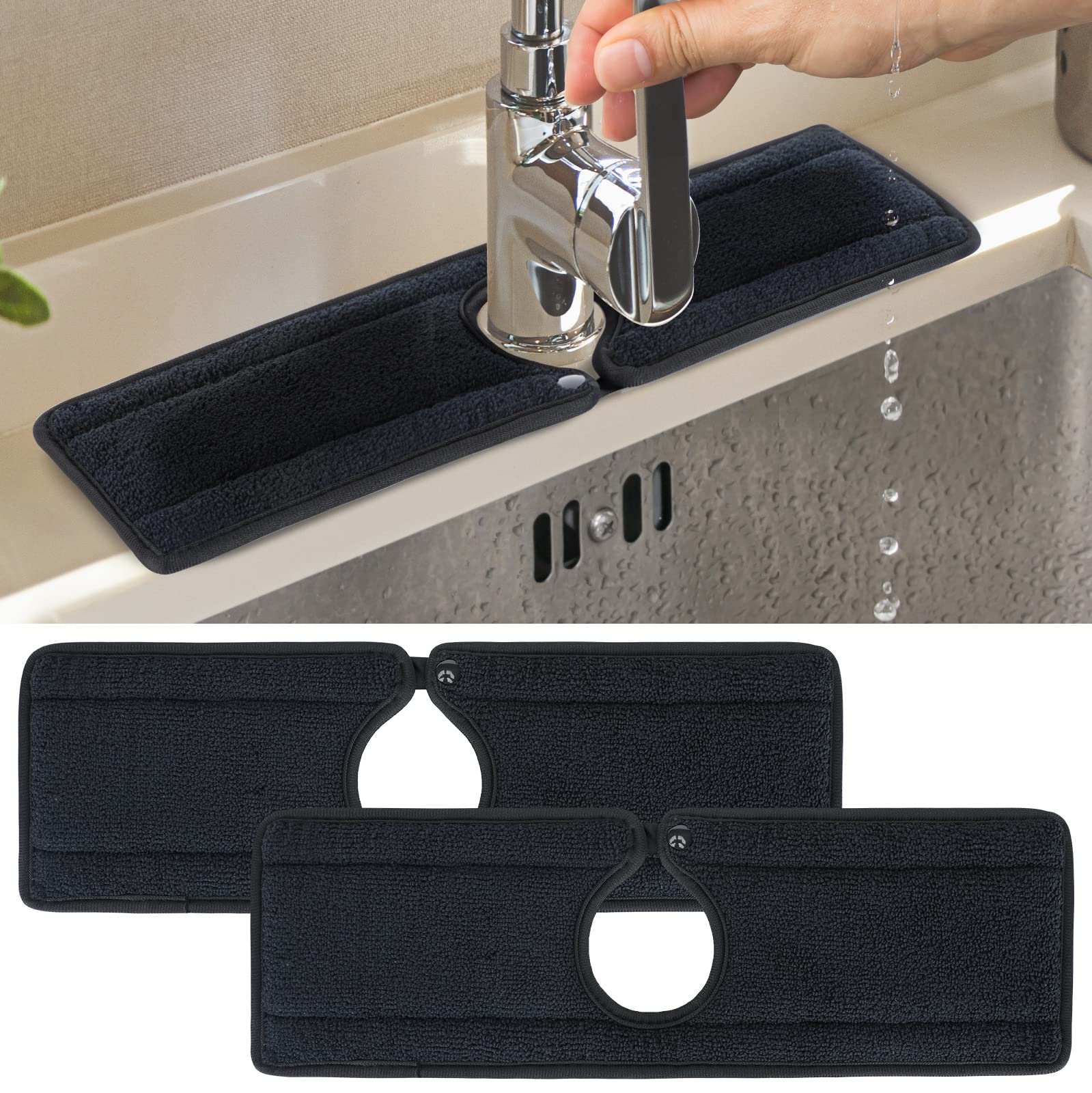 Sink Splash Guard, Faucet Absorbent Mat, Water Drying Pads Behind Faucet, Microfiber Faucet Splash-proof Pads (2 PCS Black)
