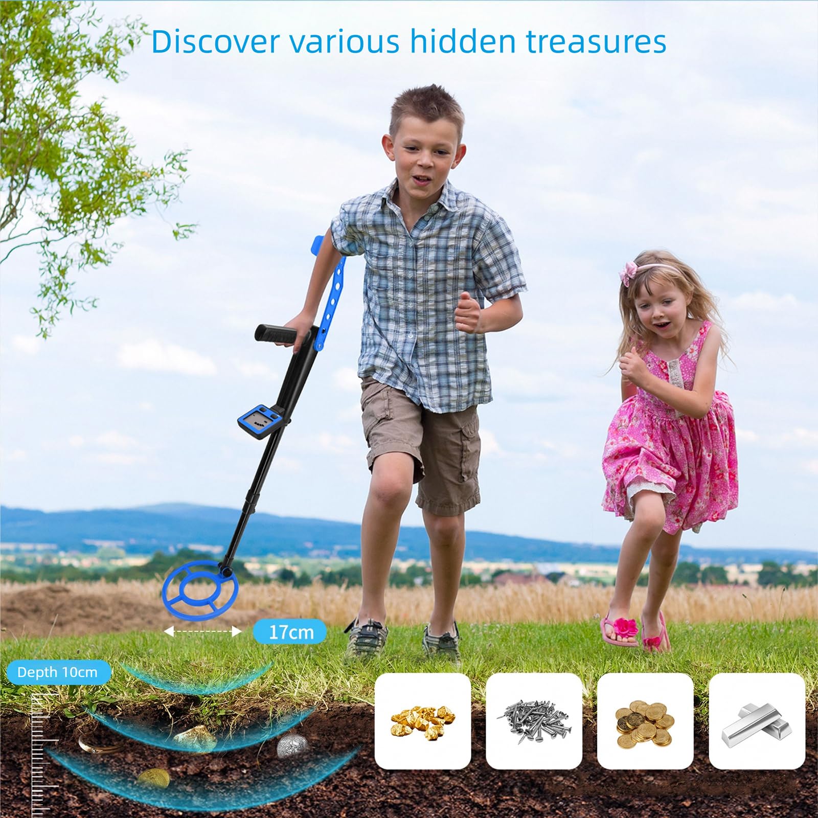 Metal Detector per bambini con asta estensibile da 79 cm Rilevatore tesori leggero da 1, 2 libbre per uso esterno Rileva metalli a 10 cm profondità Attrezzatura da caccia tesoro