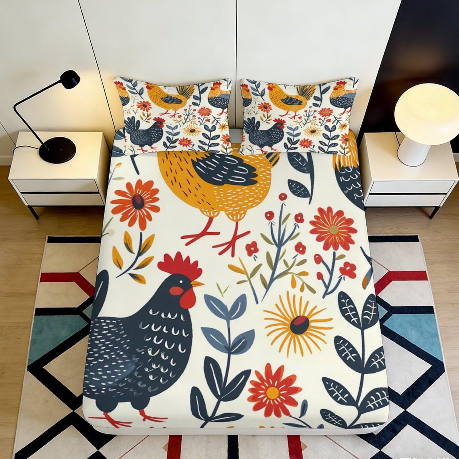 Pnayamiorkfel Style-6 3D Printed Colorful Chicken Fitted Sheet Microfiber Floral Bed Cover For Bedroom Guest Room Dorm Decor Easy Care 90X200x25cm