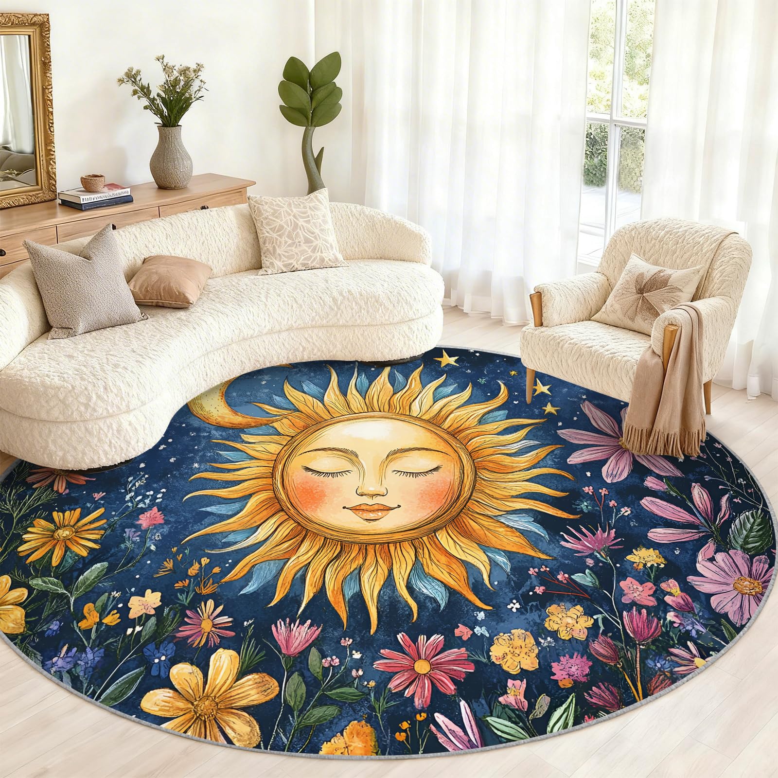 Sun Moon – Tapis rond à motif floral pour chambre à coucher, salon, œuvre d'art bohème pour enfants, tapis décoratif antidérapant, lavable, 1,5 m