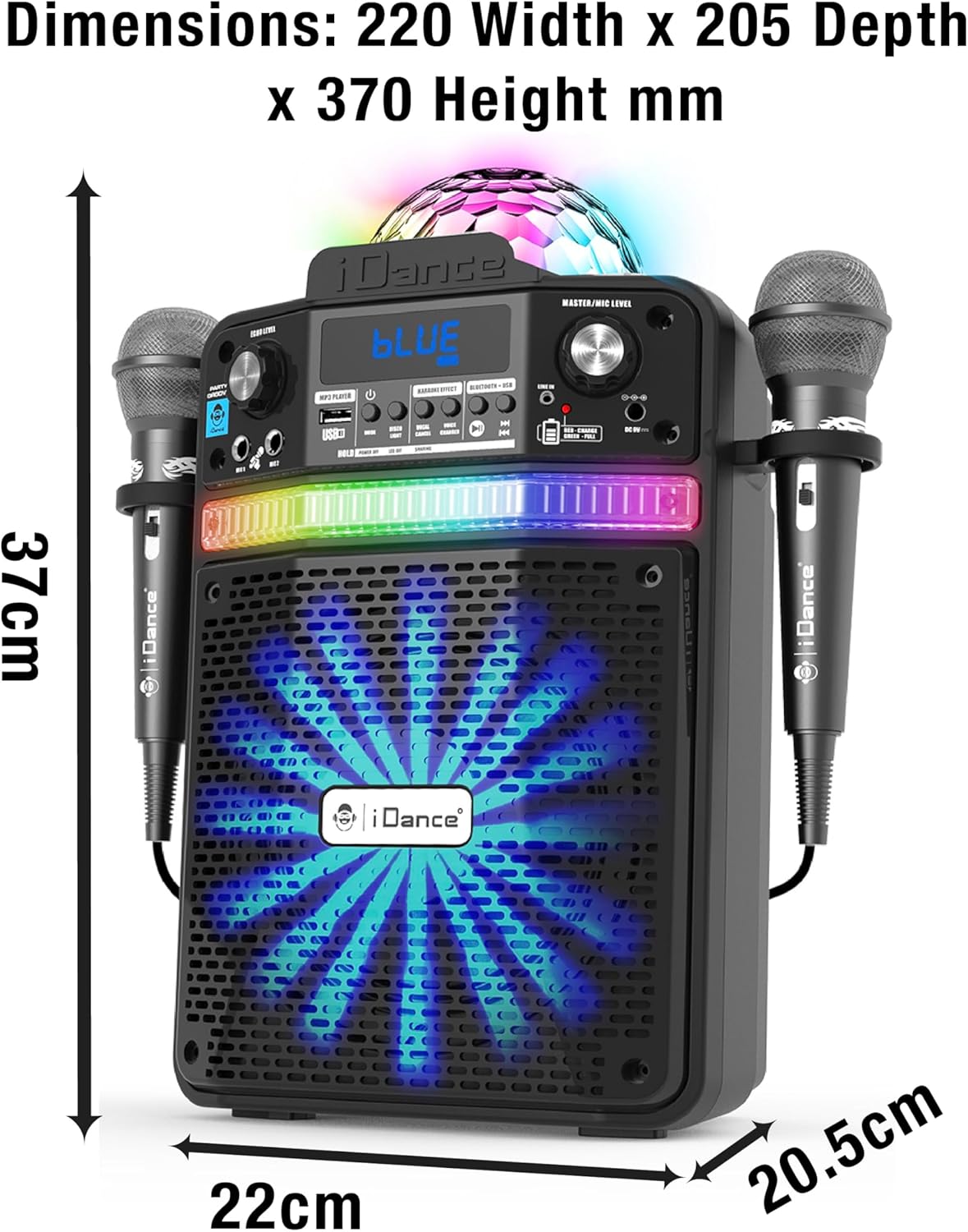 Diagram der viser målene på iDance Party Groove Karaoke System: 22 cm bredde, 20.5 cm dybde, 37 cm højde