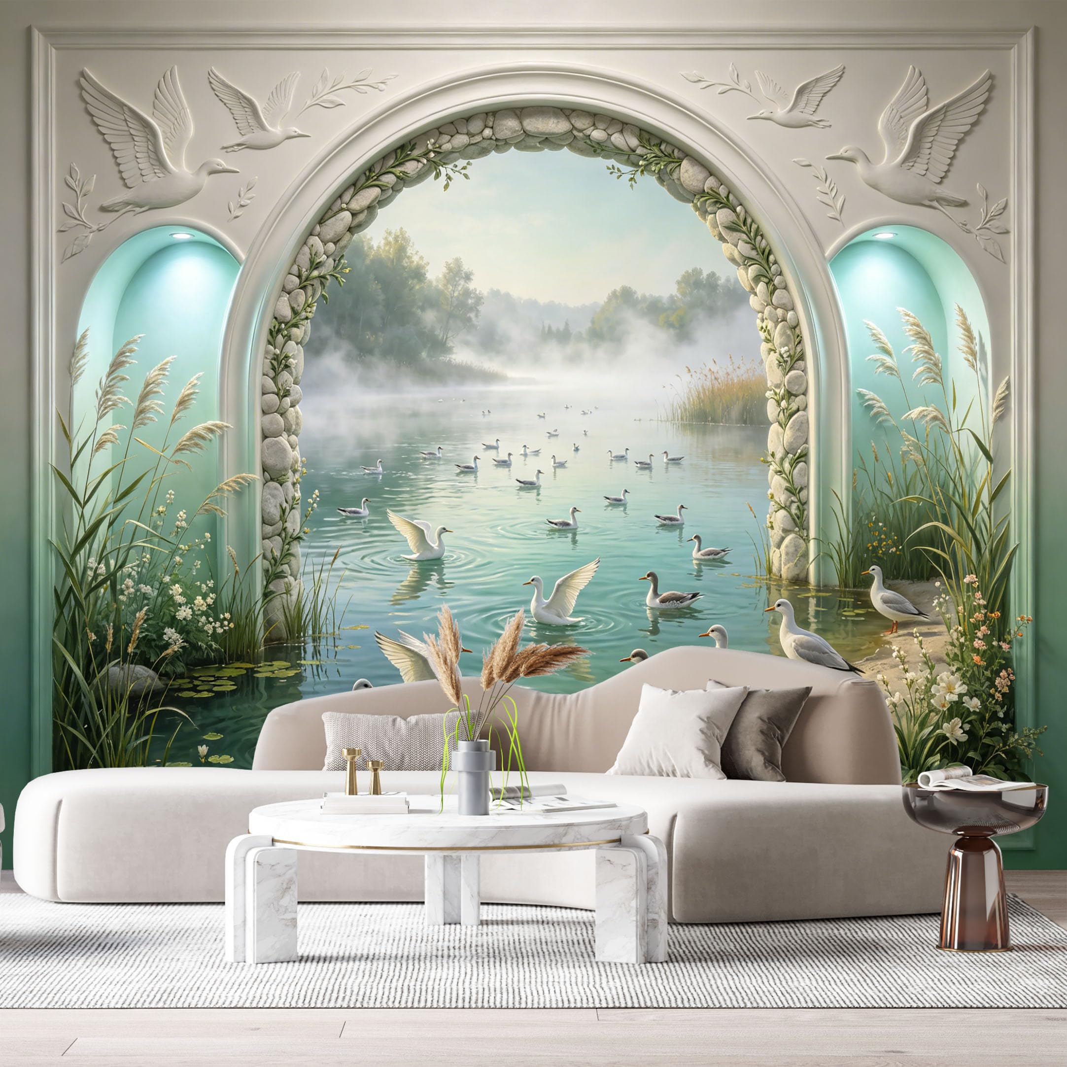 Custom Size Wall Murals Lake Swan Landscape 3D Trompe L'Oeil SelfAdhesiveWall Fabric Removable Wallpaper Wall Decor for Living Room Bedroom Bathroom