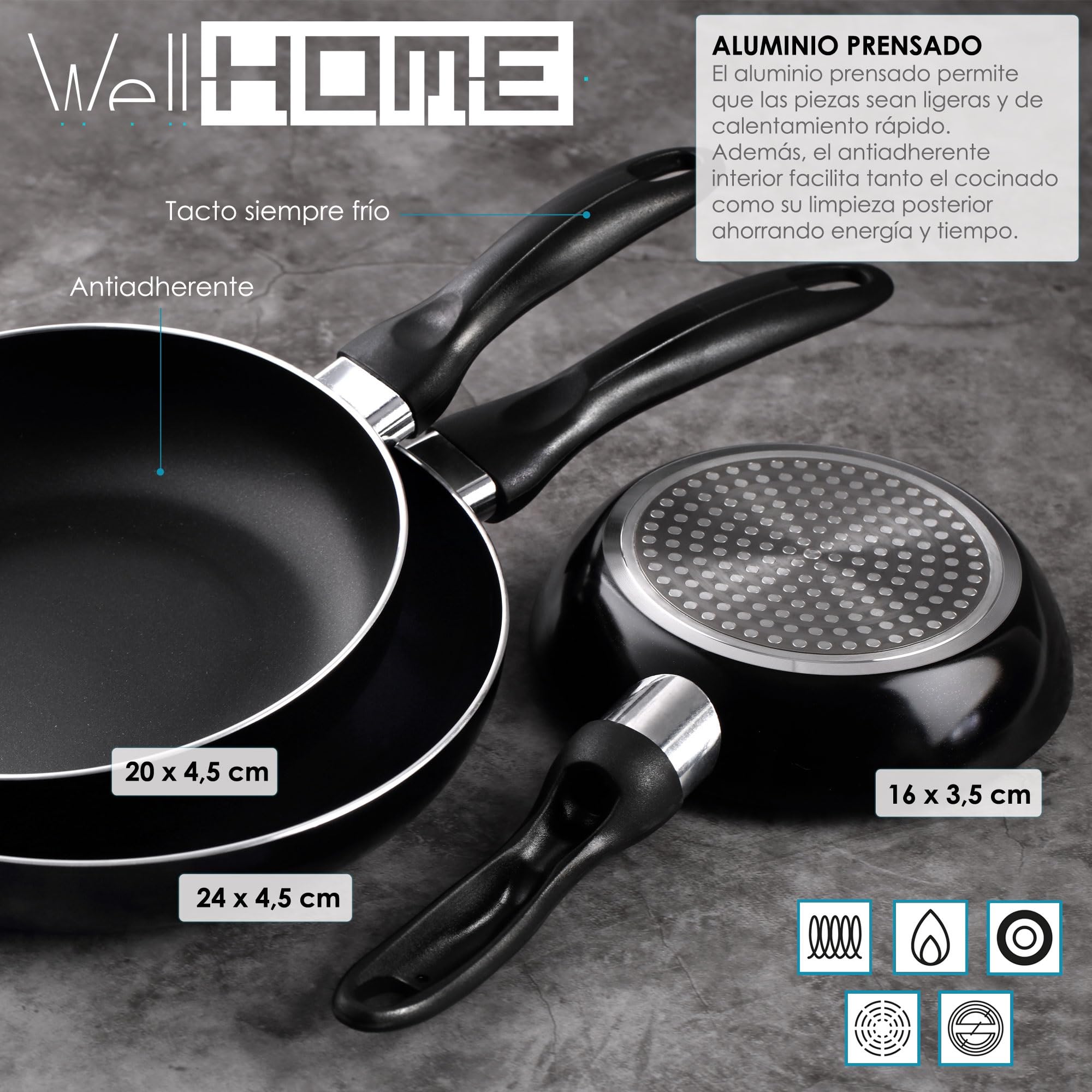Well Home Set de Batería de cocina de 5pc en acero inoxidable + 3 Sartenes Ø16Ø20Ø24cm Negro en aluminio prensado