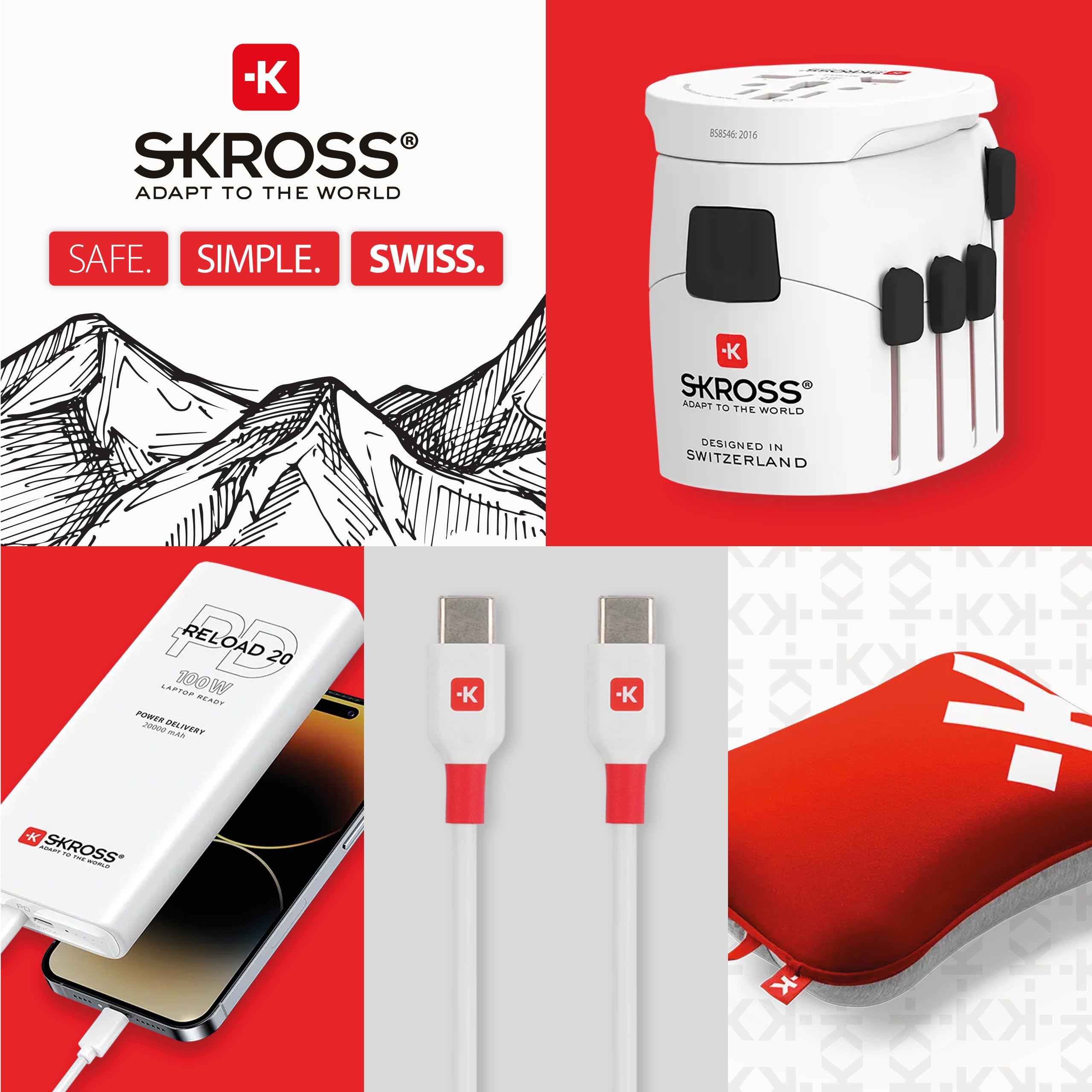 SKROSS - PRO Light USB AC45PD - Adattatore Universale da Viaggio da e per il Mondo con 2 Prese USB - Fast Charge da 45W - Tensione e Potenza : 100 V AC – 700 W / 250 V – 1750 W