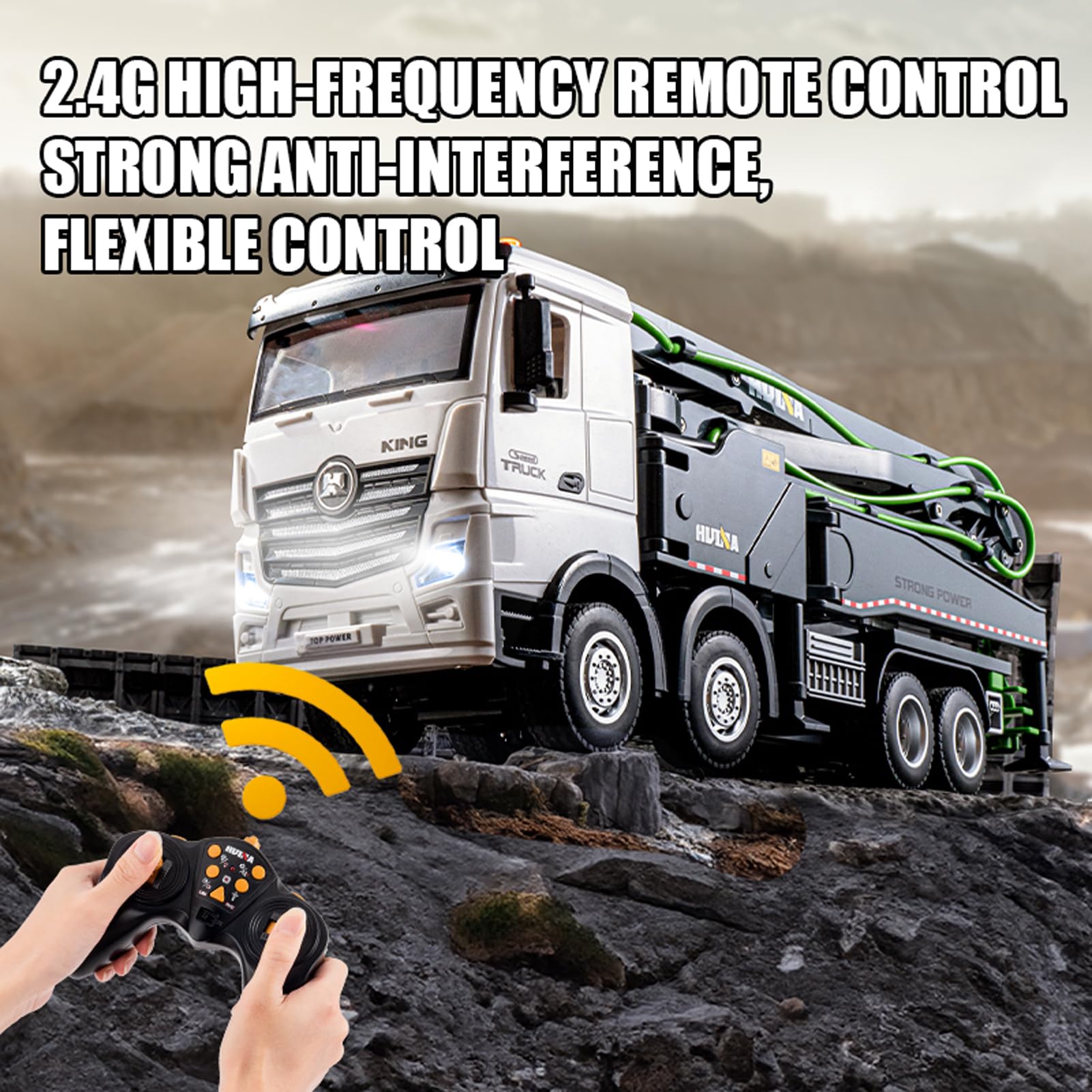 Giocattolo per camion pompa per calcestruzzo, veicoli da costruzione pressofusi telecomandati 2.4G con pompa dell'acqua funzionante, luci e suoni