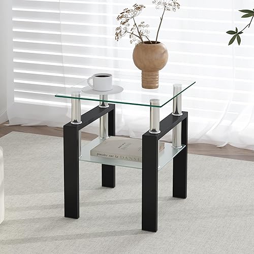 Miniatura 56 de IANIYA Mesa auxiliar moderna de cristal, mesa auxiliar de 2 niveles con parte superior de vidrio templado y patas de metal, esquina de mesita de