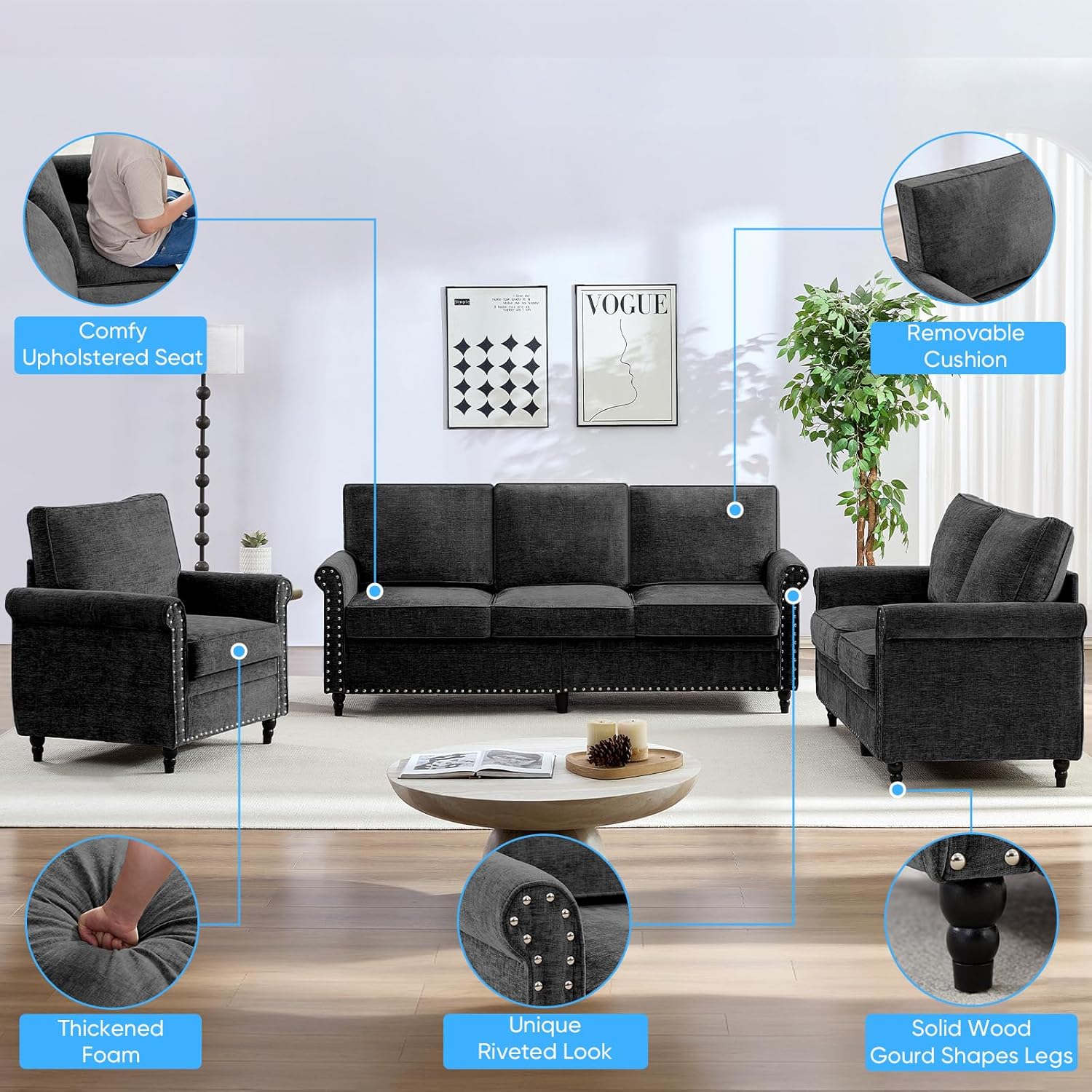 Mjkone 3 Pieces Living Room Sofa Set, Chenille Sofa Couch and Loveseat Chair Set, Sectional Sofas Couch Sets with Wood Frame, Gourd Shape Wood Legs, 6.7" Thicken Cushion, Rivets for Living Room, Black