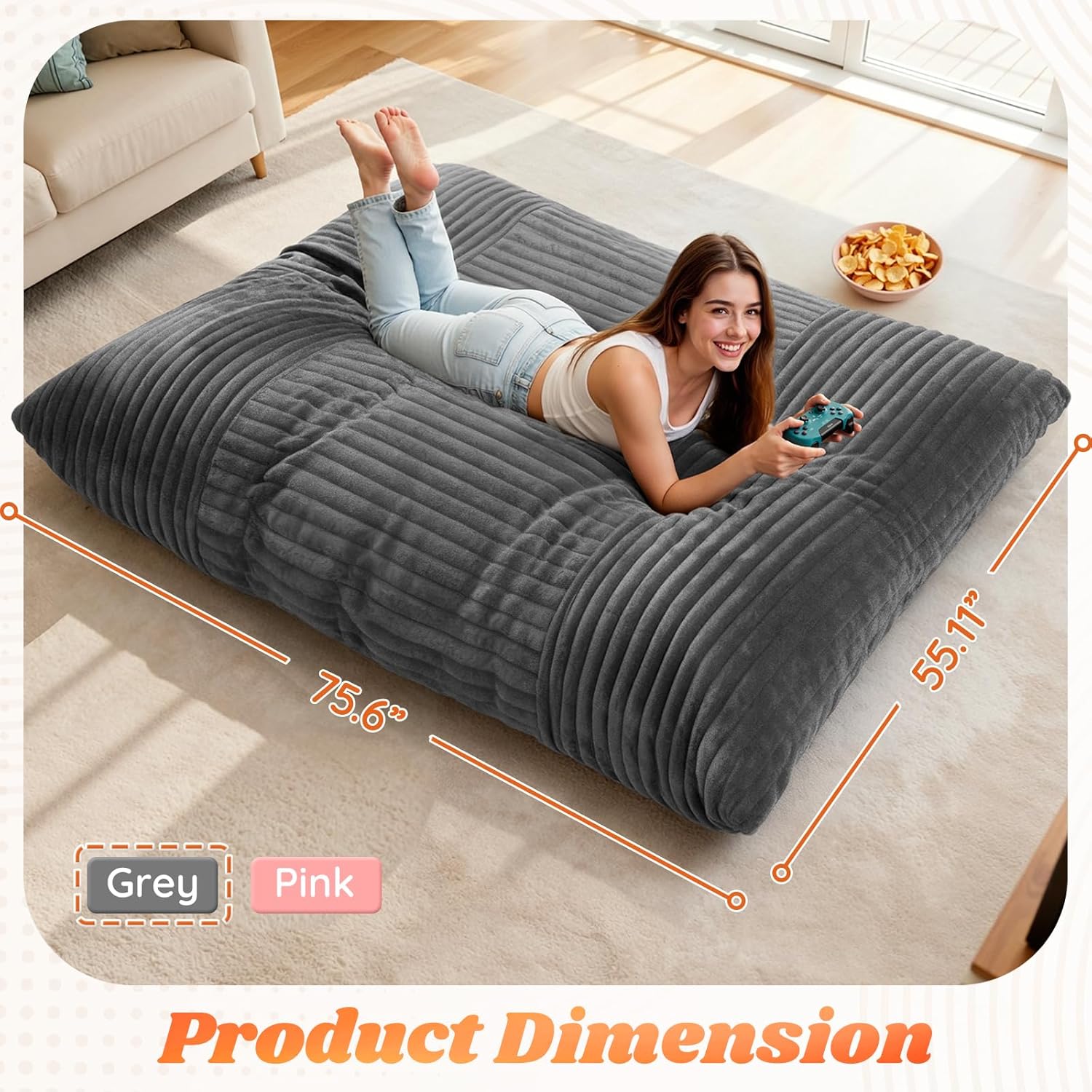 3 in 1 Giant Bean Bag Chair for Adults and Kids, Oversized Convertible Bean Bag Bed with Machine Washable Cover, Comfy Soft Memory Foam Floor Sofa for Living Room, Bedroom & Game Room(Grey)