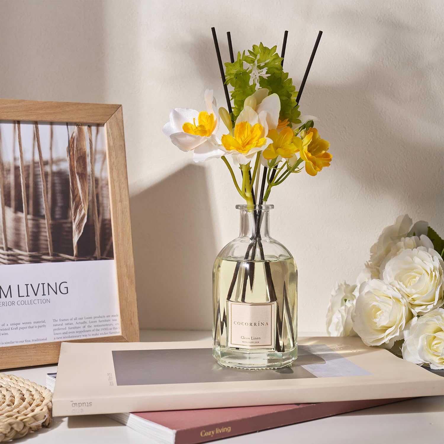 COCORRÍNA Reed Diffuser - Clean Linen 8.5 Fl.oz/ 250ml Flower Diffuser with 8 Sticks, Reed Diffusers for Home Bathroom Shelf Decor (Botanical Flower Collection) - Image 3
