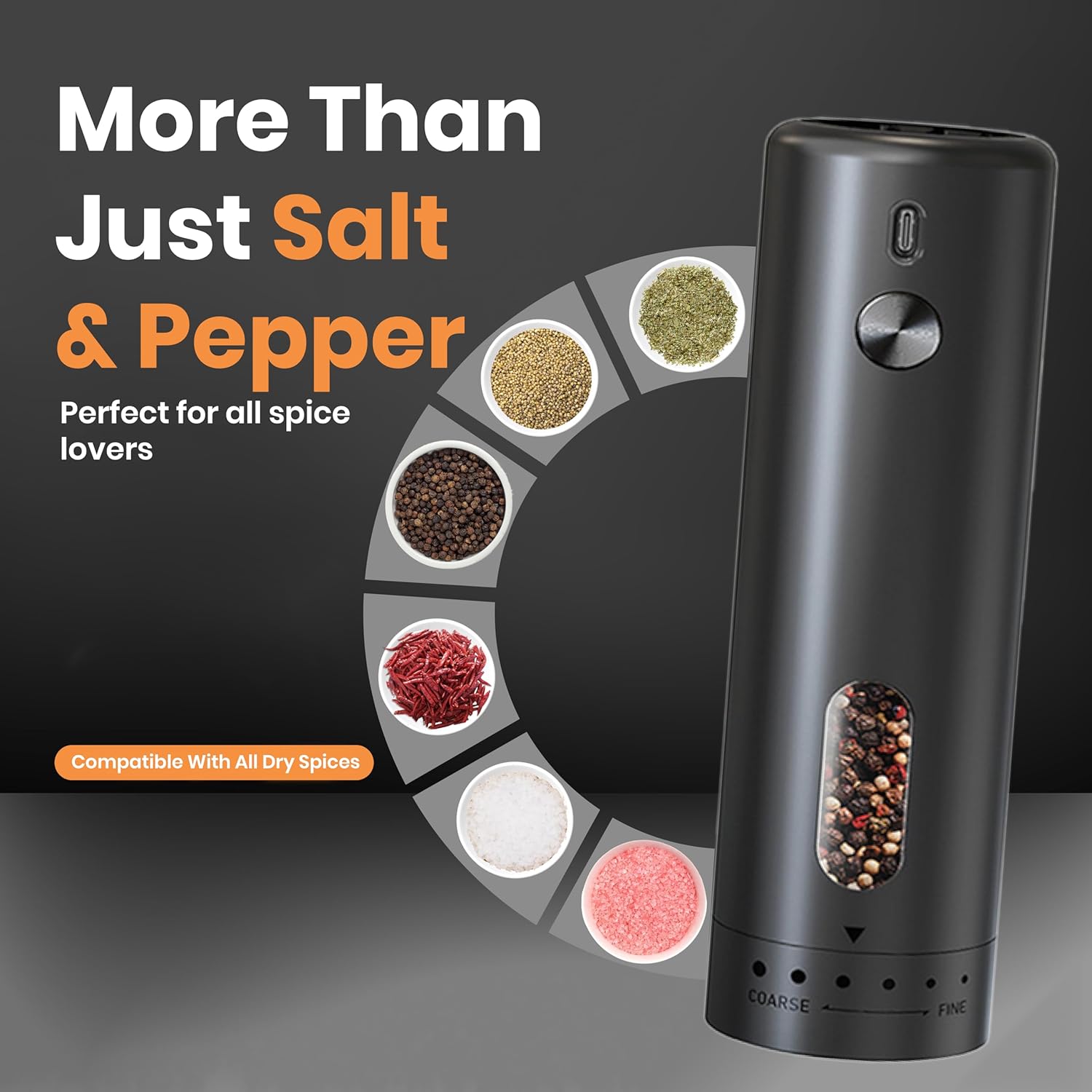 Electric Salt & Pepper Grinder Set 110mL Capacity – Automatic Battery Operated Shakers, 5-Level Adjustable Coarseness, 1 Touch Operation, Type C Charging