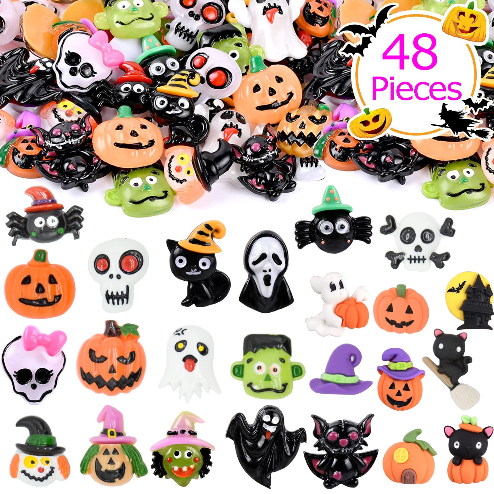 Halloween Resin Charms 48pcs Assorted Halloween Ghost Skull Pumpkins Owl Witch Flatback Resin Cabochon Slime Charms for Scrapbook Ornaments DIY Halloween Crafts