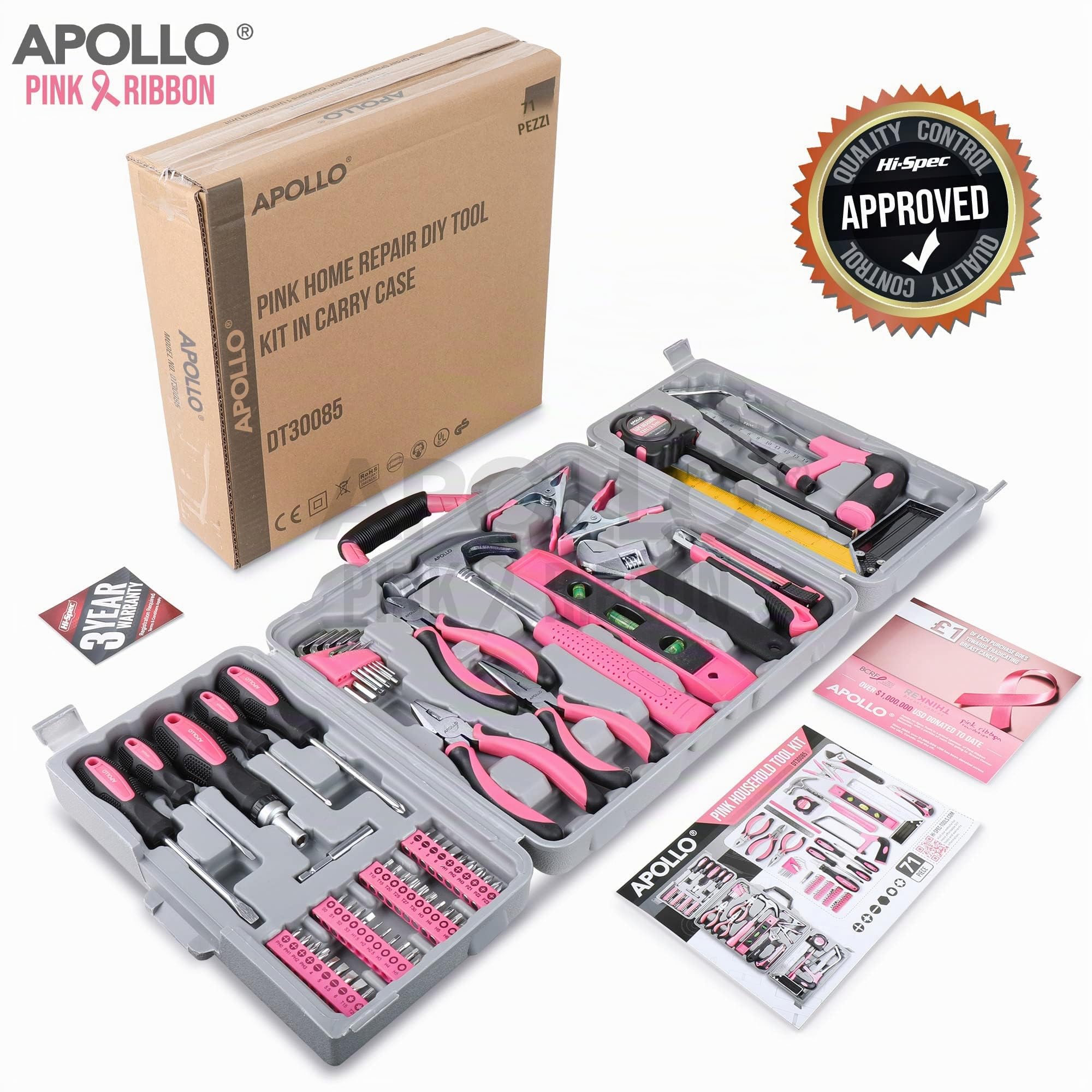 Apollo Kit di attrezzi rosa per la casa da 71 pezzi. Utensili manuali più comuni per riparazioni domestiche - Cacciaviti, Martello, Chiave, Pinze & altro in una Custodia