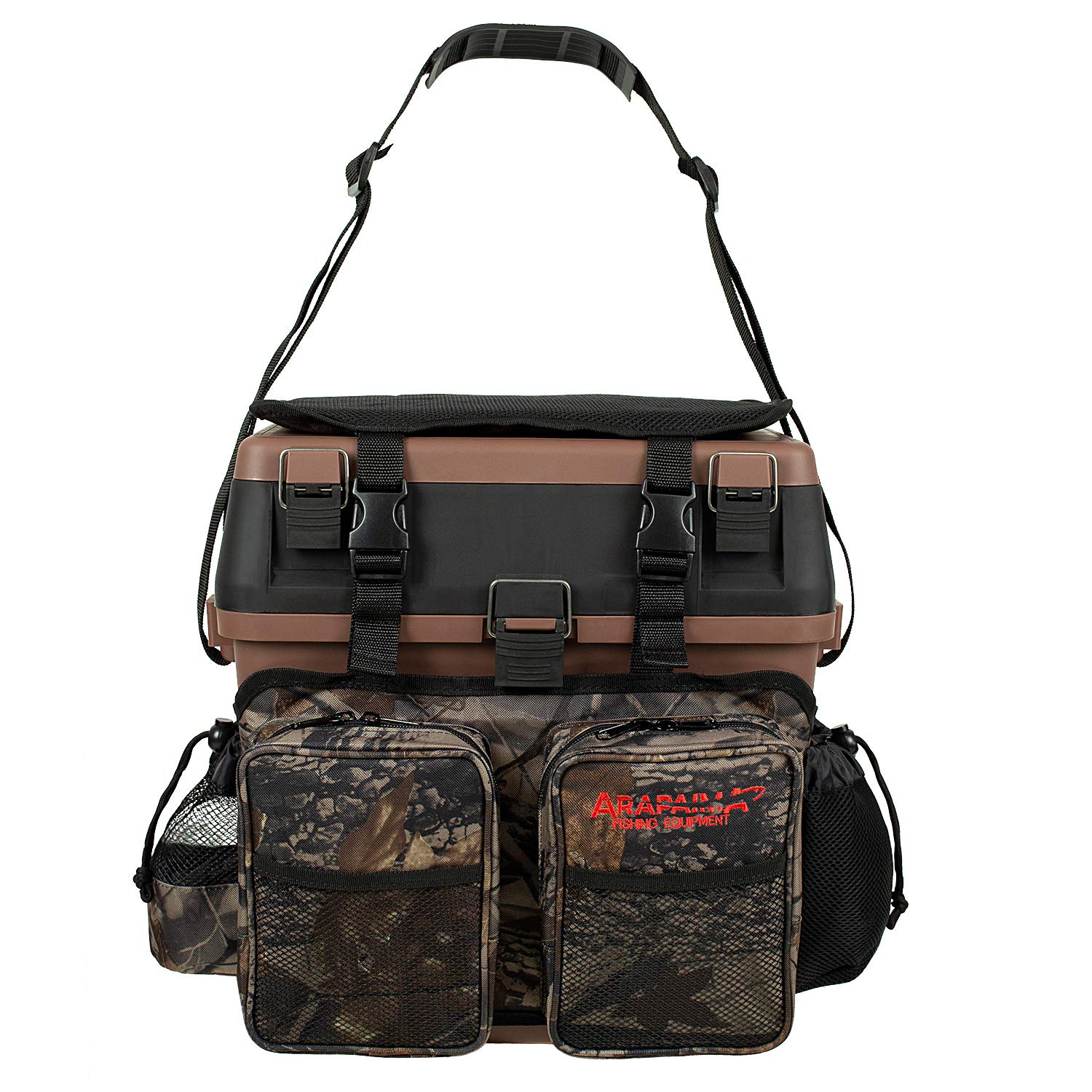 Sitzkiepe | Angelbox | Angelrucksack inkl. 4 Kunststoffboxen für Angelzubehör - Braun/Camouflage