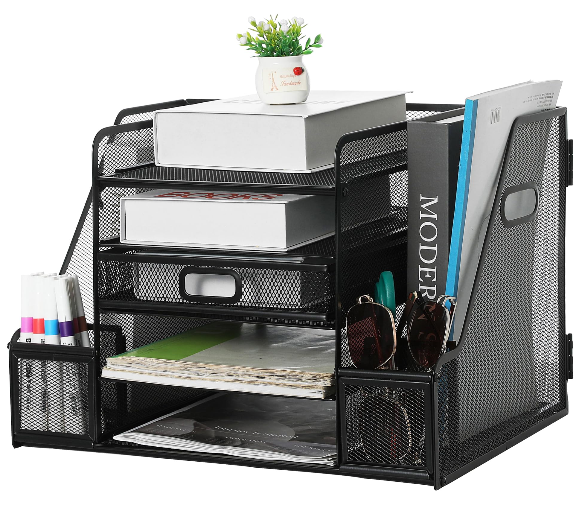 Organizador de Escritorio de Malla con Soporte para Archivos, Organizador de Bandeja de Cartas de Papel de 5 Niveles con cajón y revistero (Negro)