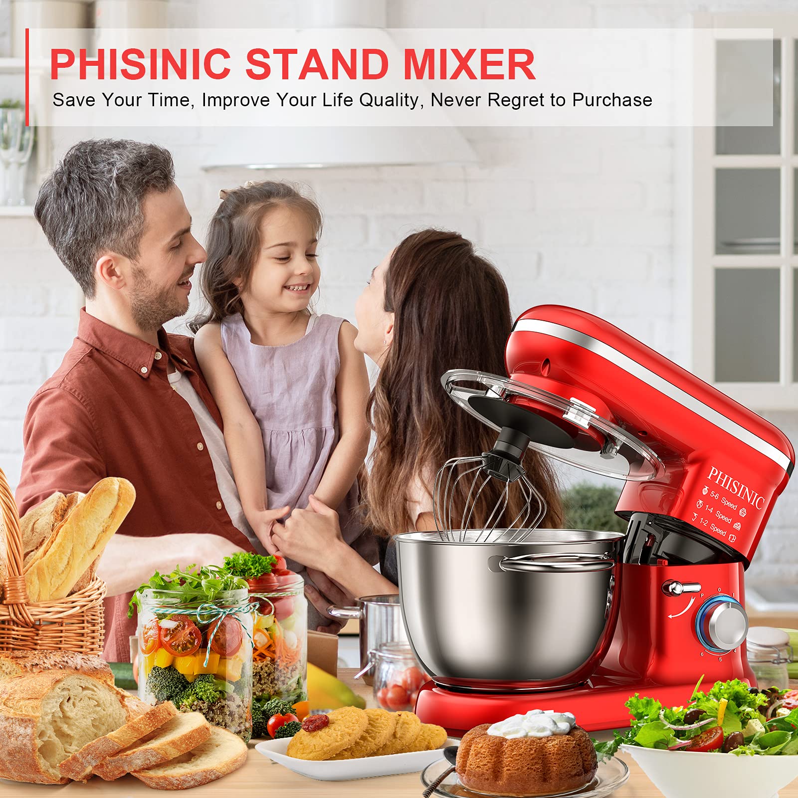 Impastatrice Planetaria, PHISINIC 1500W Robot da Cucina Elettrico, 5,5L 6+P Velocità Basso Rumore Multifunzione Impastatrice Professionale con Gancio per Impastare, Frusta Piatta, Frusta(Rosso)