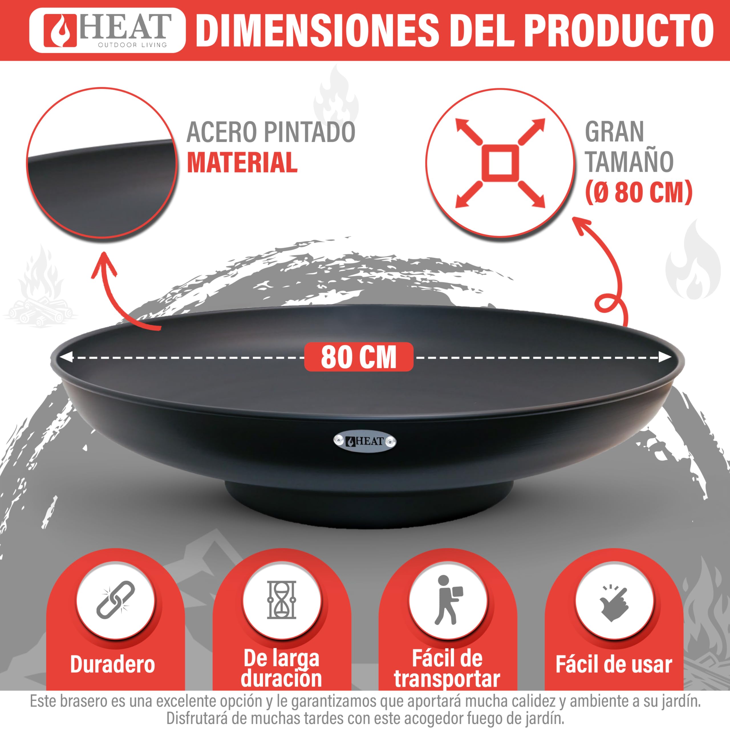 Cuenco de Fuego de 80 cm de Óxido – Braseros para el Jardín – Chimenea Exterior & Tonne – Cuenco de Acero Lacado – Cesto de Fuego para el Jardín - 80x80x19 cm