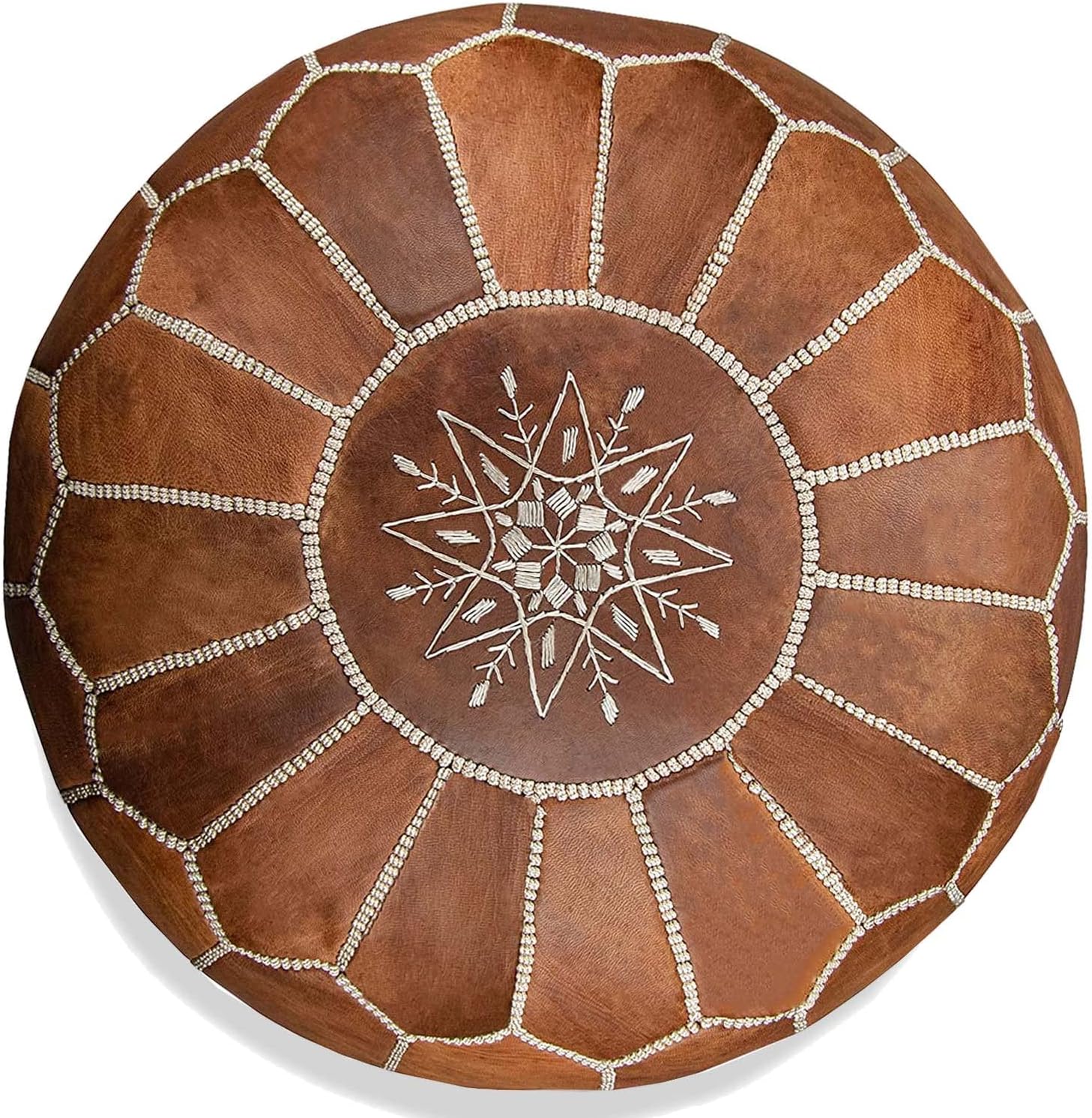 ALMADIH Moroccan genuine leather pouf seat cushion brown camel -supplied filled- 100% handmade natural tan ottoman footstool pillow bohemian puff puf seat professionally upholstered (poufe camel)