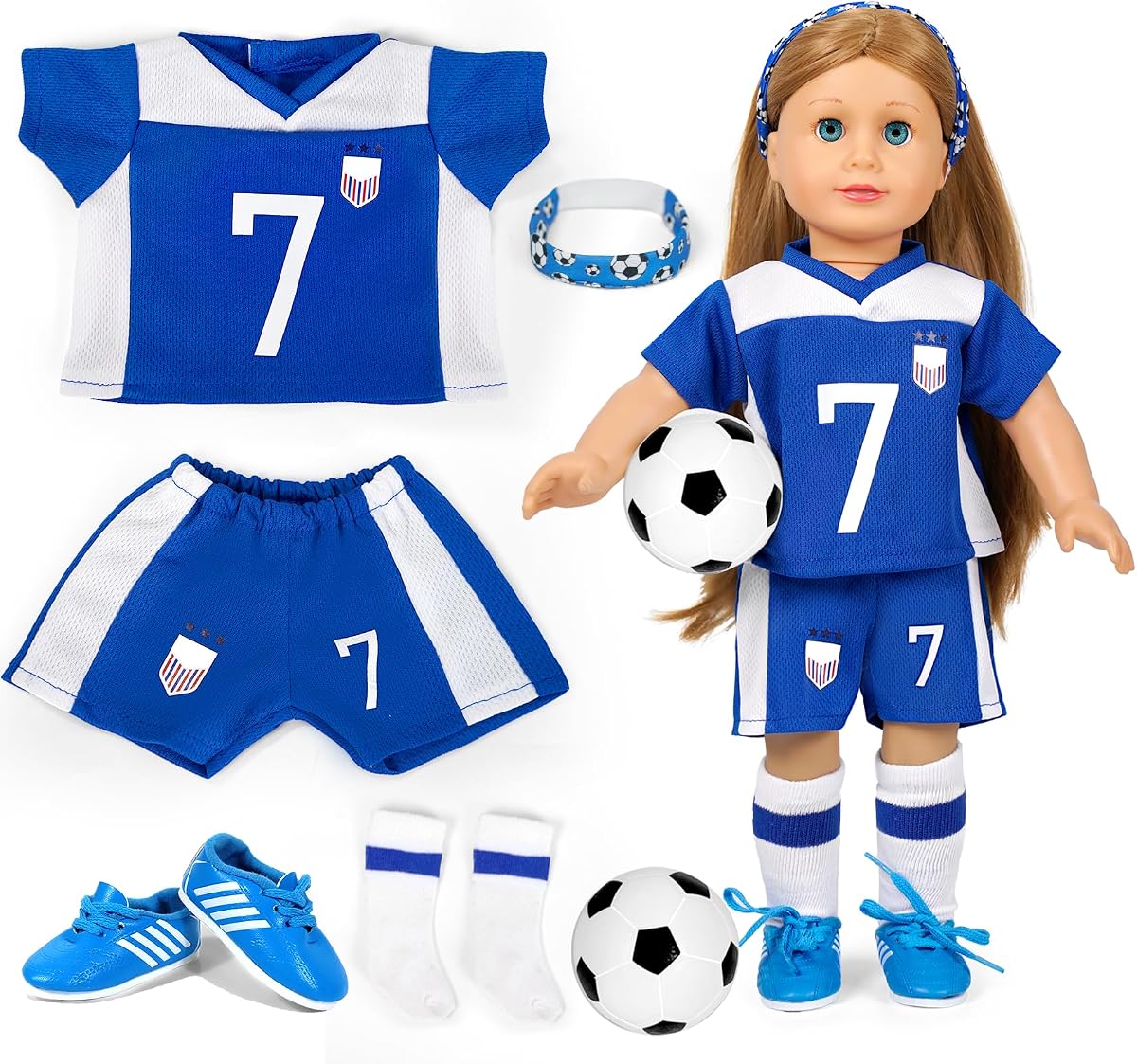 ARTST Conjunto de ropa y accesorios para muñecas americanas de 18 pulgadas, conjunto de ropa de fútbol | El uniforme de fútbol para muñeca bebé de 18 pulgadas incluye camiseta, pantalones cortos, calcetines, zapatos, balón de fútbol y regalo de alegría para niñas