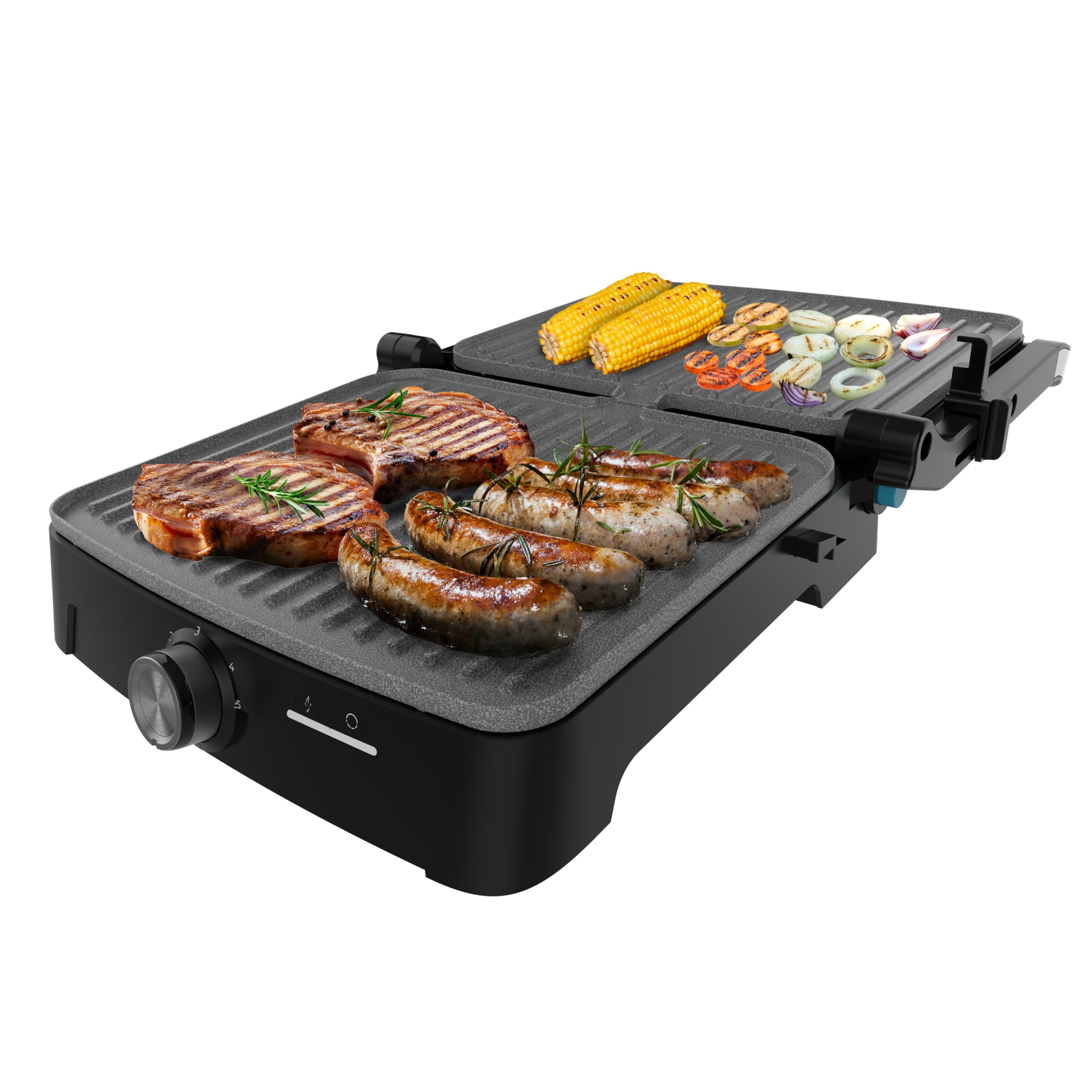Cecotec Parrilla Eléctrica con Grill Rock'nGrill 2000 Full Open. 2000W, Apertura 180º, RockStone Antiadherente, Placa Flotante, Recogegrasas, Almacenamiento Vertical, Temperatura Regulable, 279x229mm