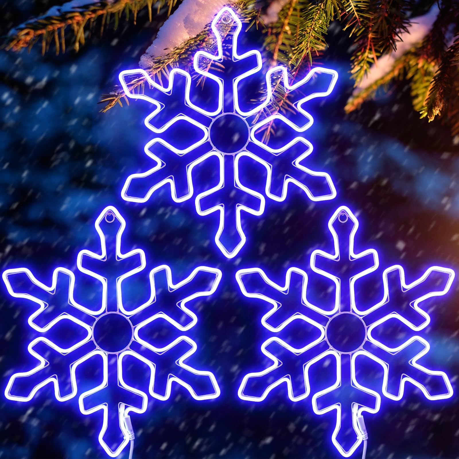 Sumind 3 Pack 20 Inch Large Outdoor Snowflake Decorations Neon Light, 120 LED Outdoor Lighted Snowflake, Outdoor Christmas Yard Decorations for Outdoor, Yard, Porch, Christmas, Nativity Scene (Blue)