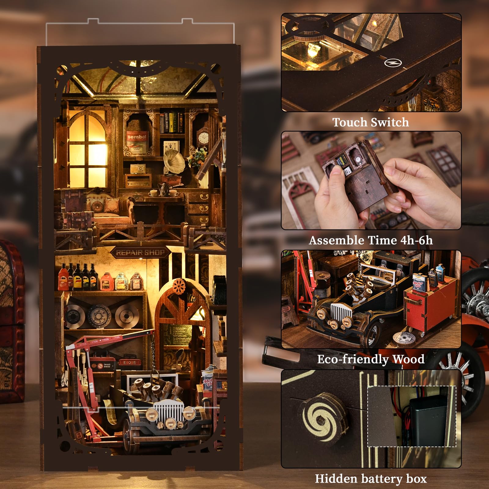 Book Nook Kits - warsztat samochodowy dla dorosłych - DIY miniaturowa wkładka z lampkami LED, kreatywne zestawy do rękodzieła dla dorosłych