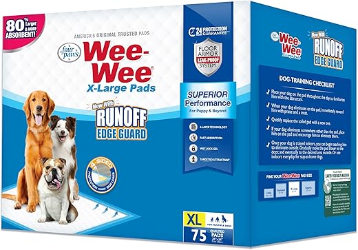 Four Paws Wee-Wee Superior Performance X-Large Dog Pee Pads – Dog & Puppy Pads for Potty Training – Dog Housebreaking & Puppy Supplies – 28″ x 34″ (75 Count),White