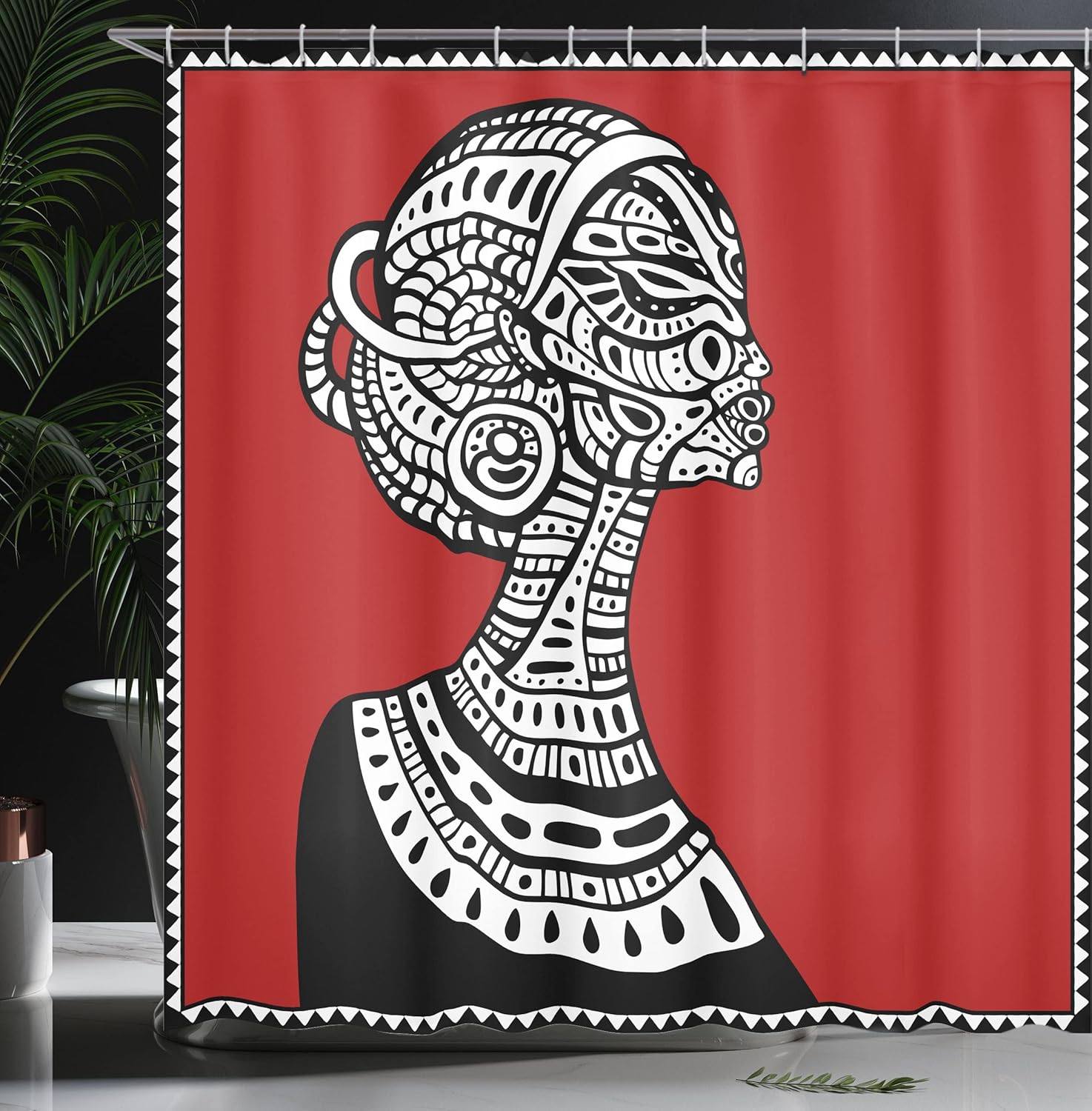 Ambesonne African Shower Curtain, Hand Drawn Ethno Cultural Themed Portrait Complex, Cloth Fabric Bathroom Decor Set with Hooks, 69" W x 70" L, Ruby Black