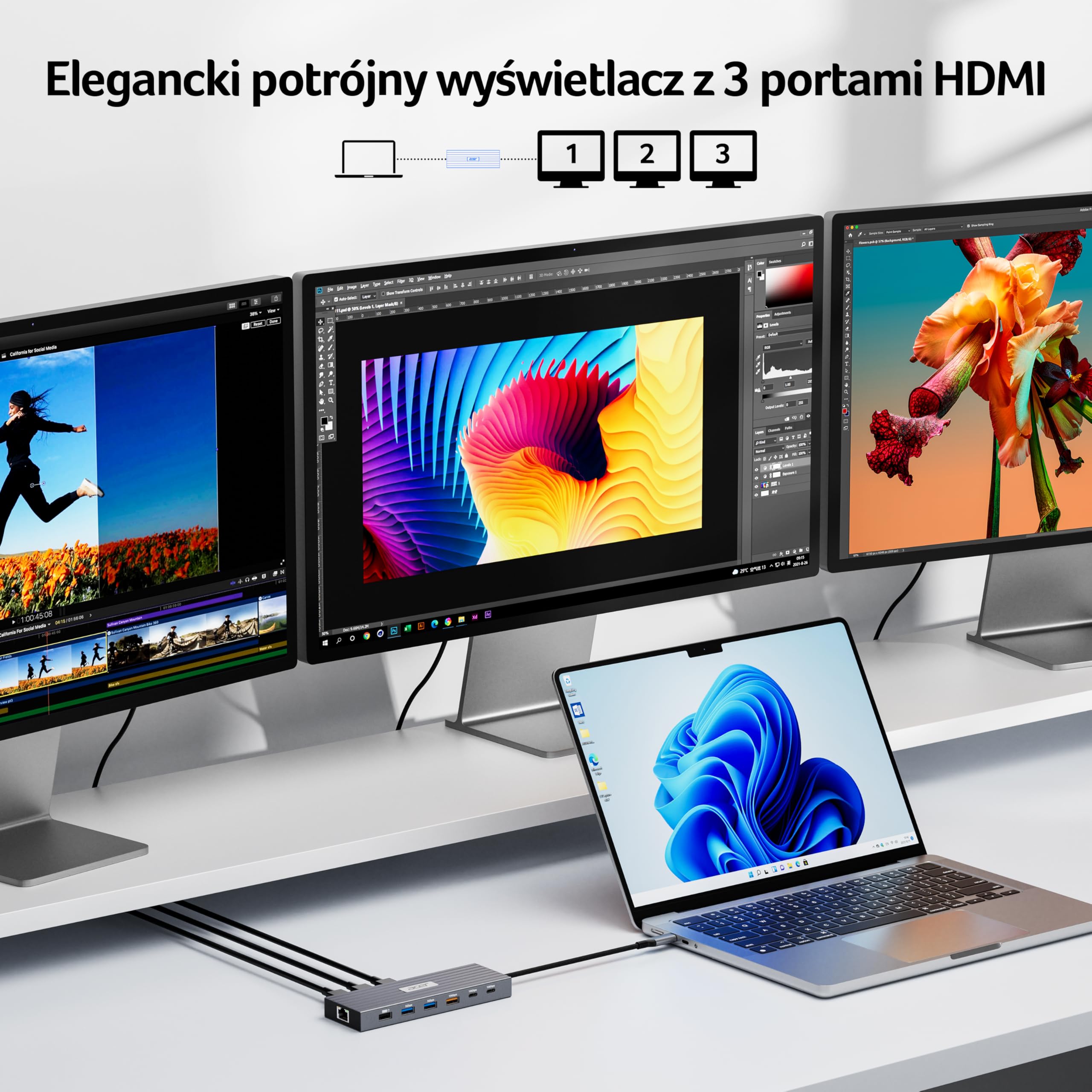 Acer Stacja dokująca USB C 3 HDMI 4K@60Hz, 13w1 Hub z trzema wyświetlaczami z 10Gbps USB-A+2C, 5Gbps USB-A, Ethernet 1Gbps, 100W PD, czytnikiem kart SD/TF, do Surface, MacBook Pro, Dell, Laptop itp.