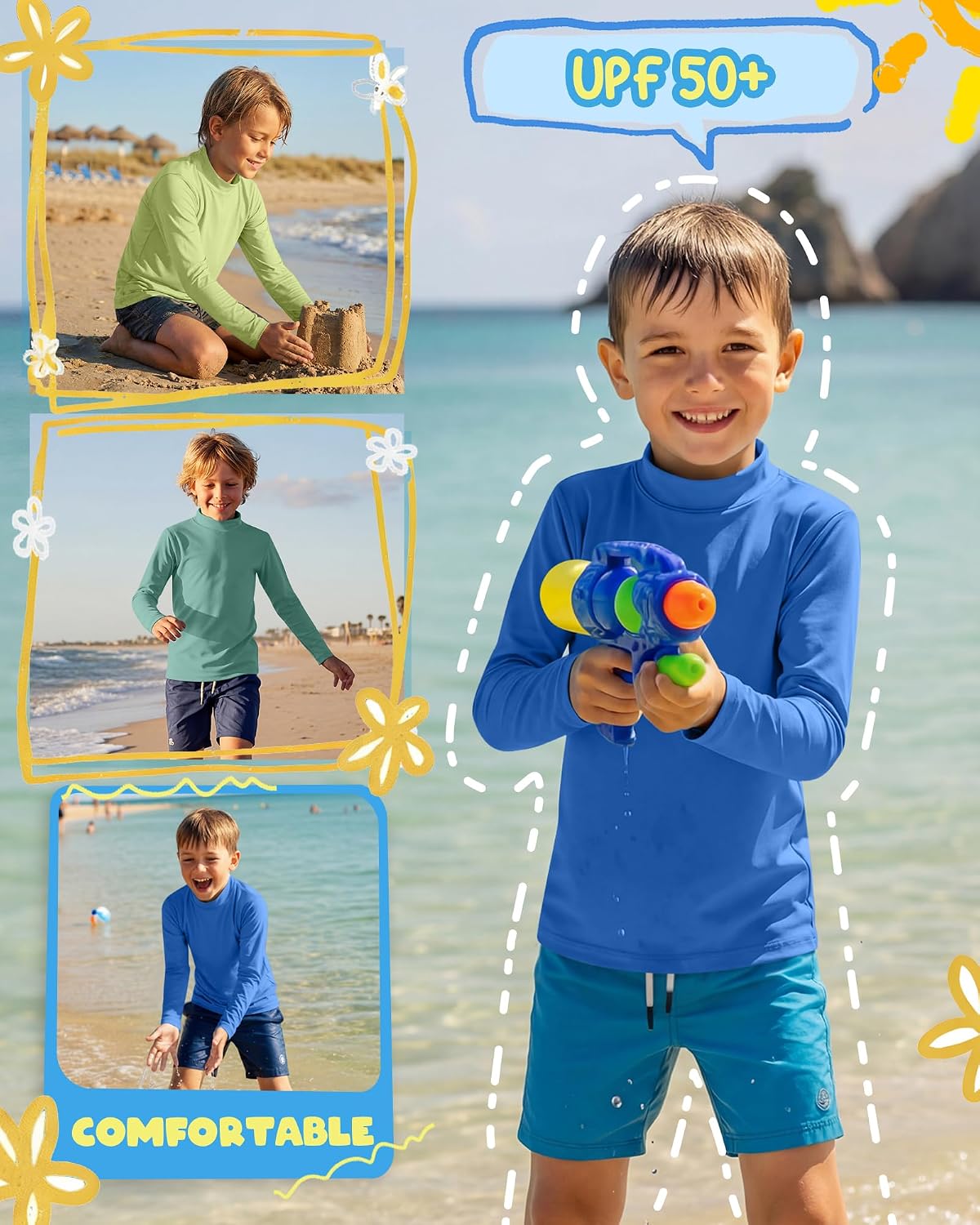3 Pack Boys UPF 50+ Rash Guard Swim Shirts Long Sleeve, Teen Quick Dry Sun Protection Tops for Water Surfing