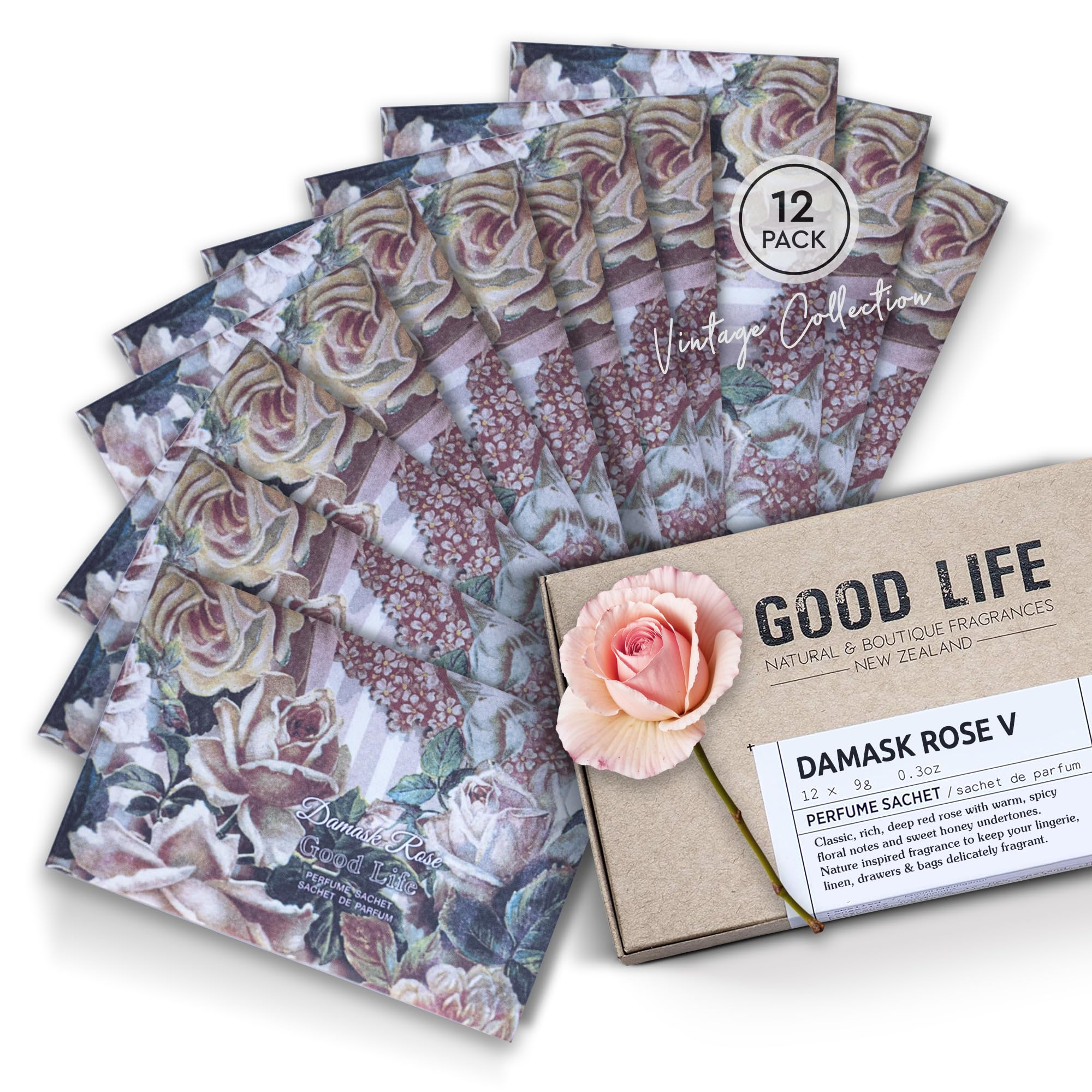 Good Life Damask Rose Scented Sachets Vintage | Designed in New Zealand | 12 Sachets