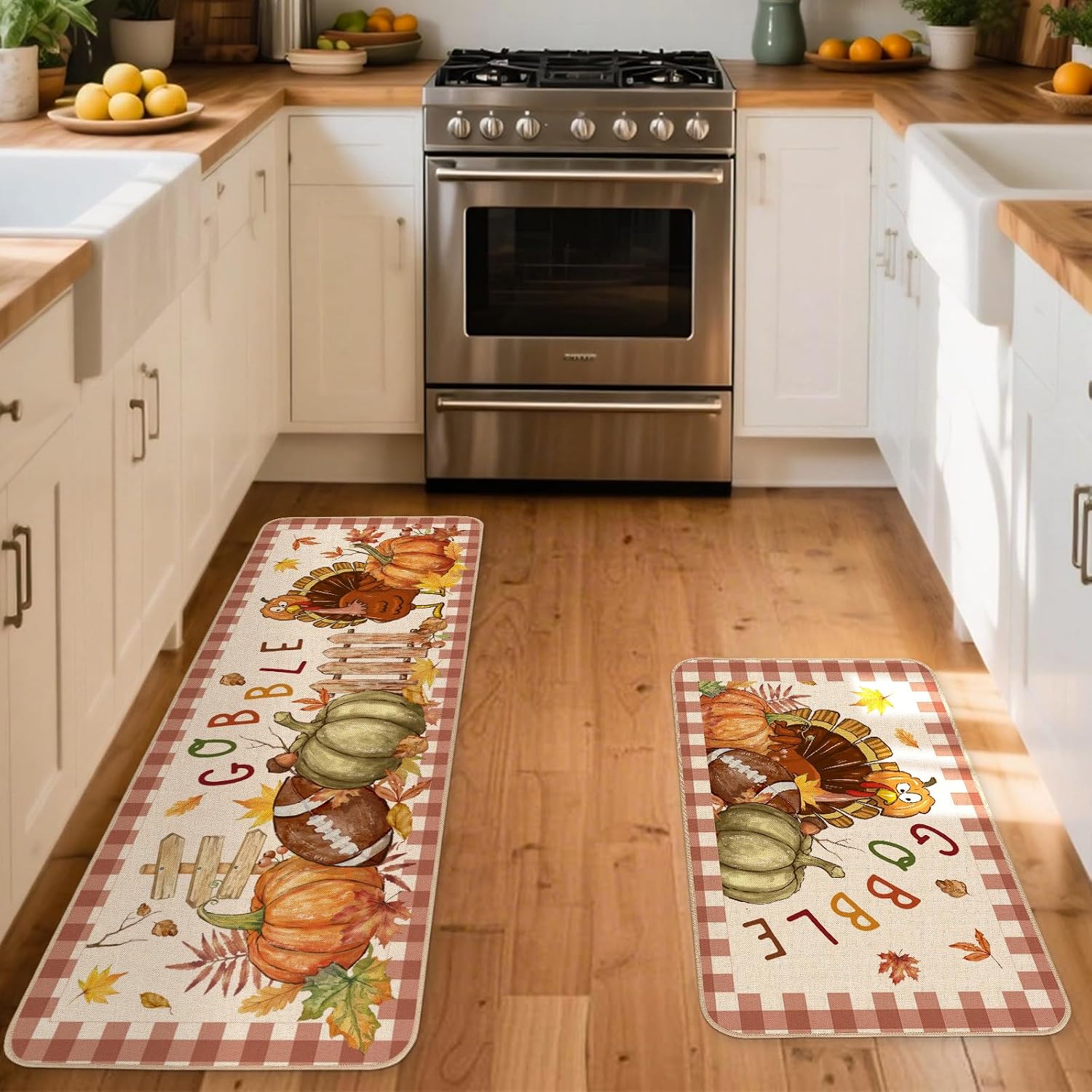 Moutina Buffalo Plaid Pumpkin Turkey Gobble Thanksgiving Kitchen Rugs Set of 2, Fall Maple Leaves Football Home Decor Low-Profile Kitchen Mats for Floor - 17x29 and 17x47 Inch